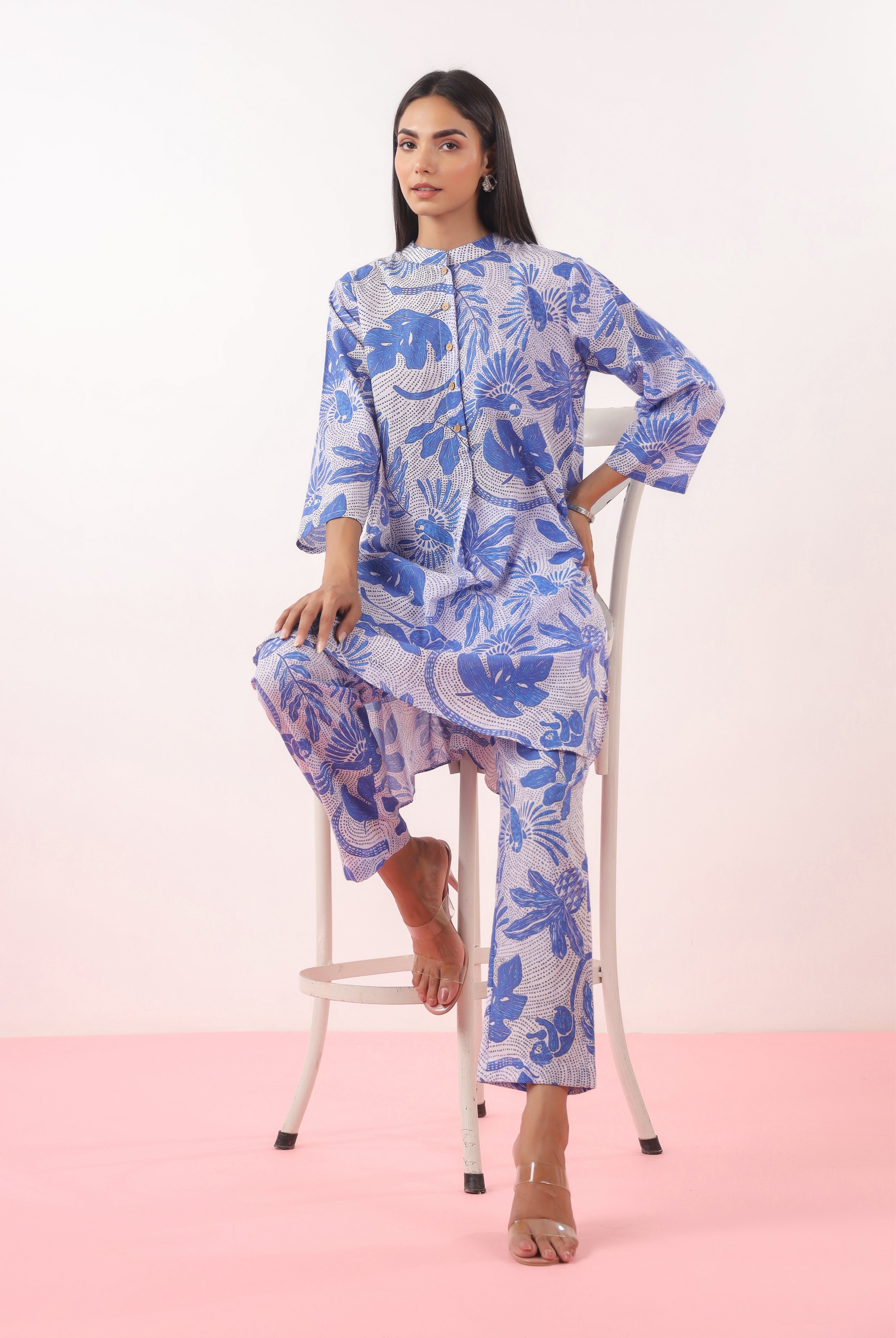 Bird Print on Blue Cotton Shirt Co-ord Set | Jaipurrang | Women's Ethnic Wear