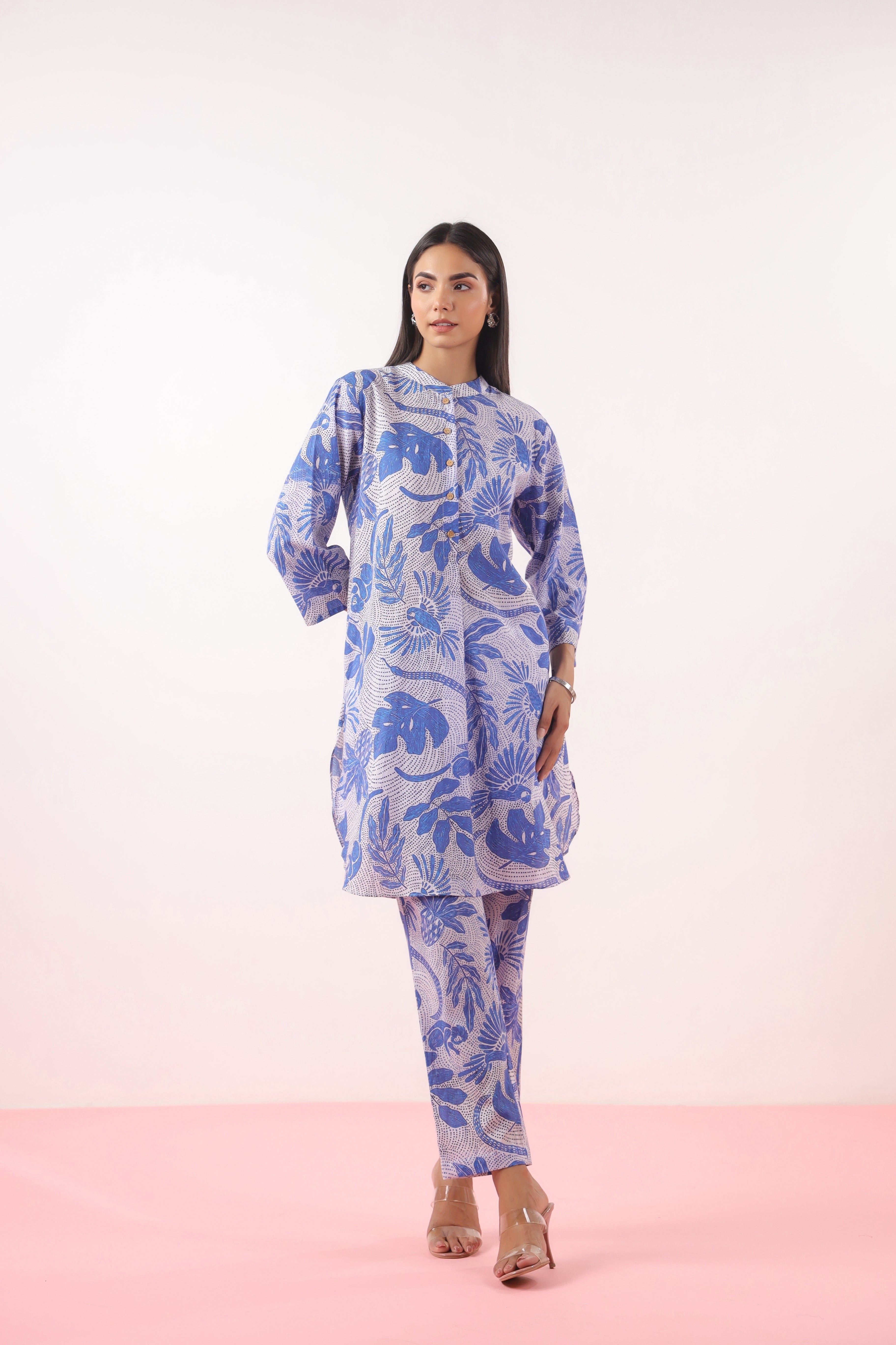 Bird Print on Blue Cotton Shirt Co-ord Set | Jaipurrang | Women's Ethnic Wear