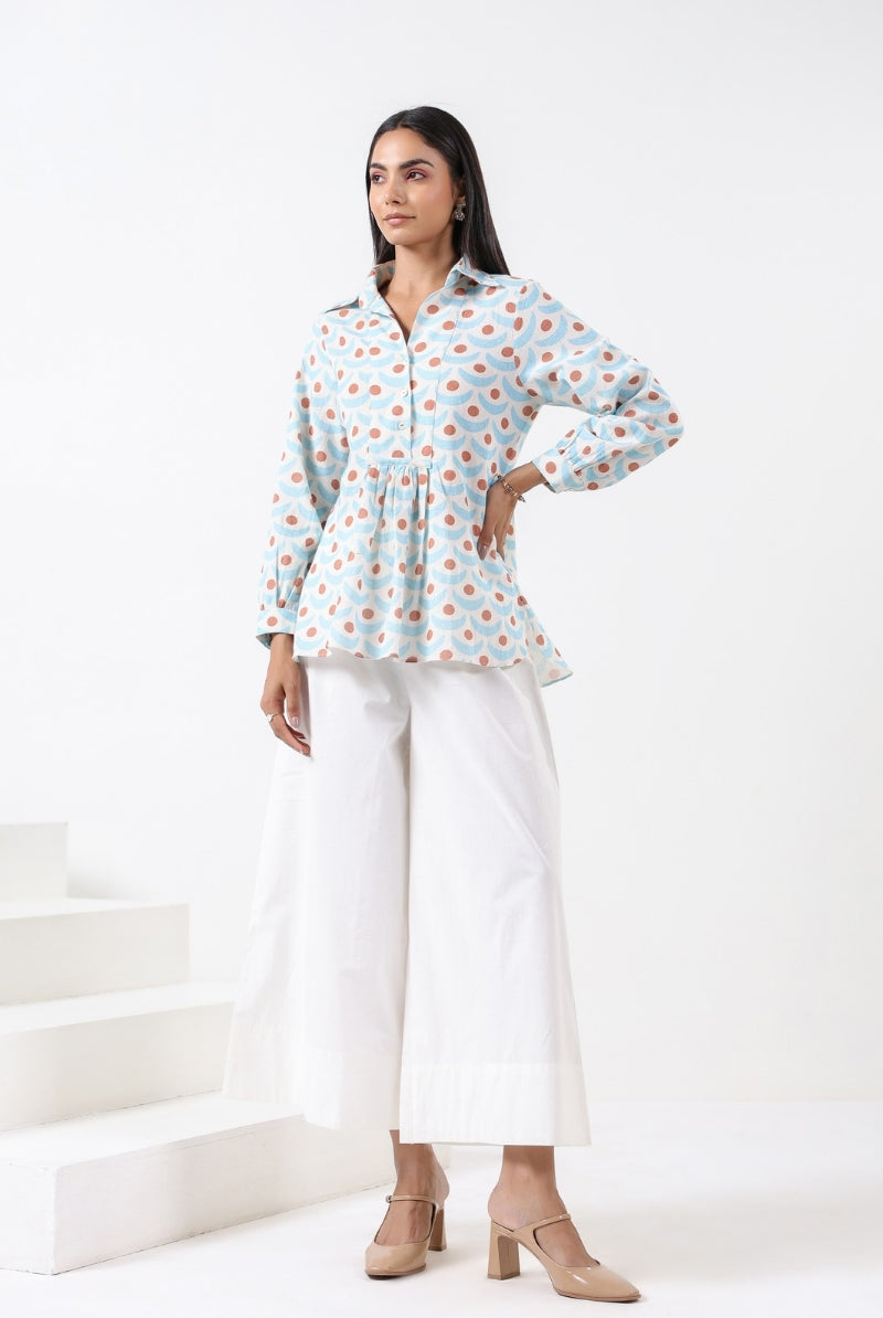 Chand Print on Turquoise Brown Cotton Top | Jaipurrang | Women's Ethnic Wear