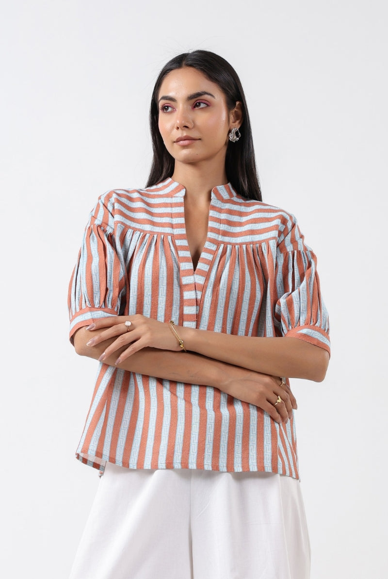 Stripe on Turquoise Brown Cotton Shirt | Jaipurrang | Women's Ethnic Wear