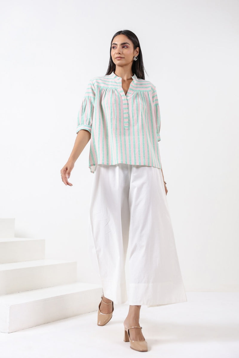 Stripe on Pink Green Cotton Shirt | Jaipurrang | Women's Ethnic Wear