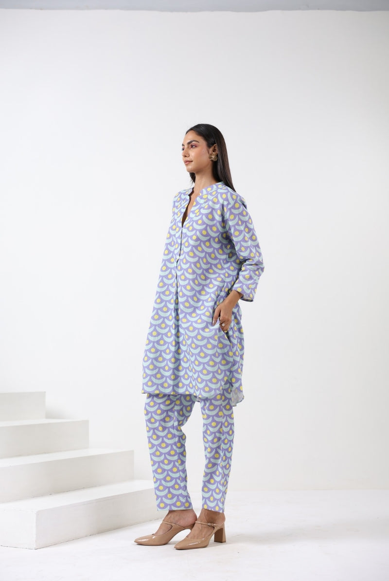 Chand Print on Blue Yellow Cotton Shirt Co-ord Set | Jaipurrang | Women's Ethnic Wear