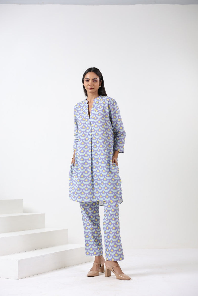 Chand Print on Blue Yellow Cotton Shirt Co-ord Set | Jaipurrang | Women's Ethnic Wear