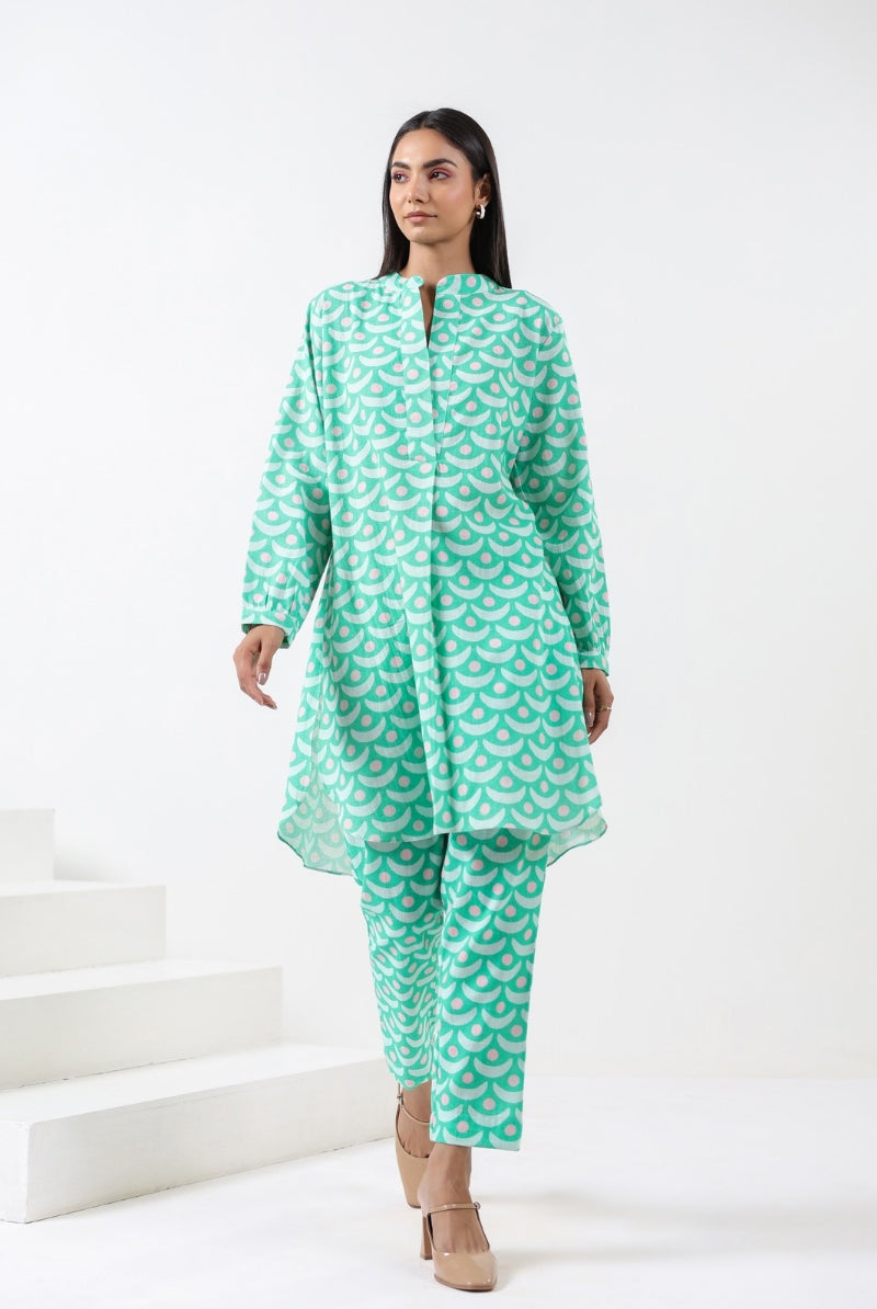 Chand Print on Green Pink Cotton Shirt Co-ord Set | Jaipurrang | Women's Ethnic Wear