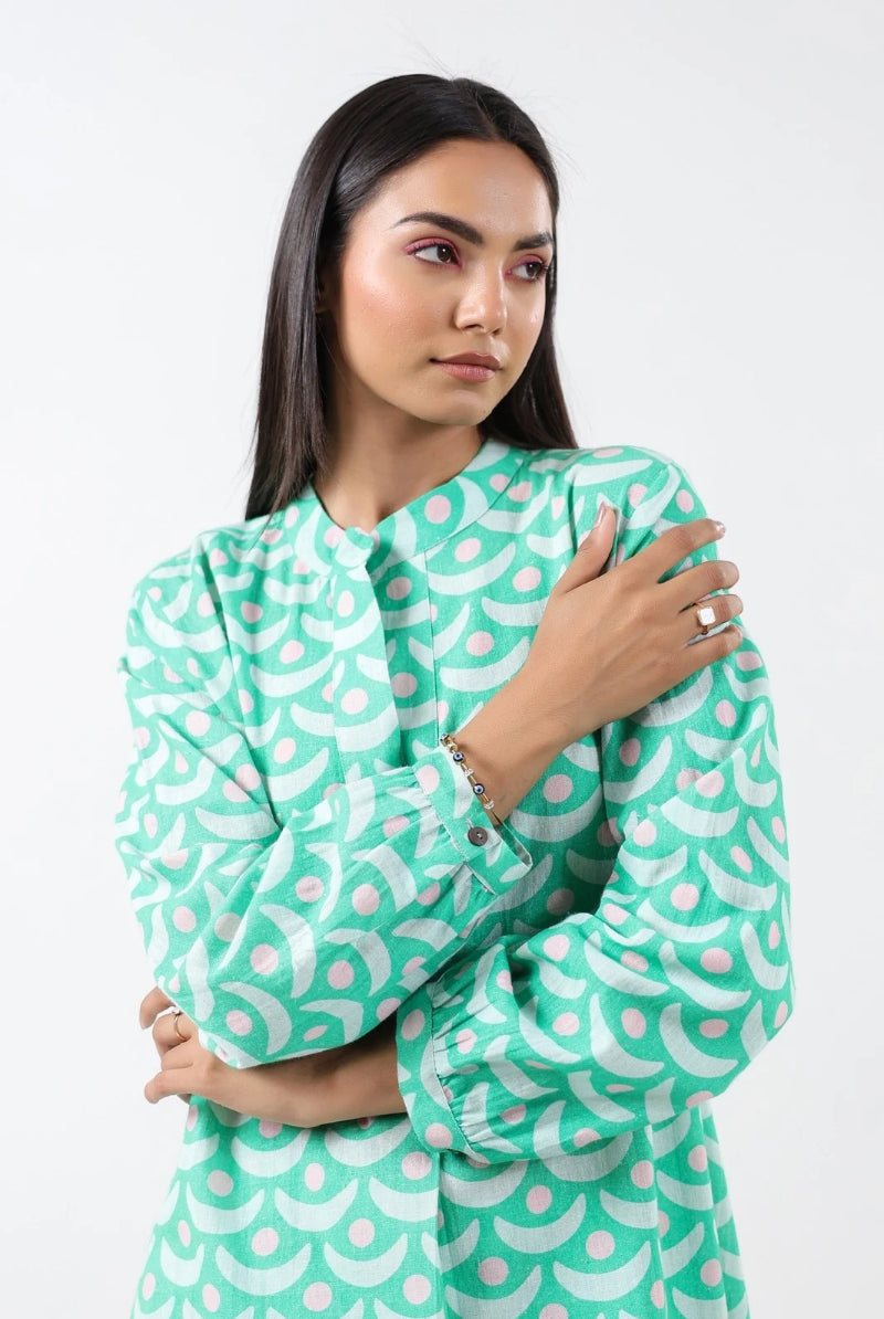 Chand Print on Green Pink Cotton Shirt Co-ord Set | Jaipurrang | Women's Ethnic Wear