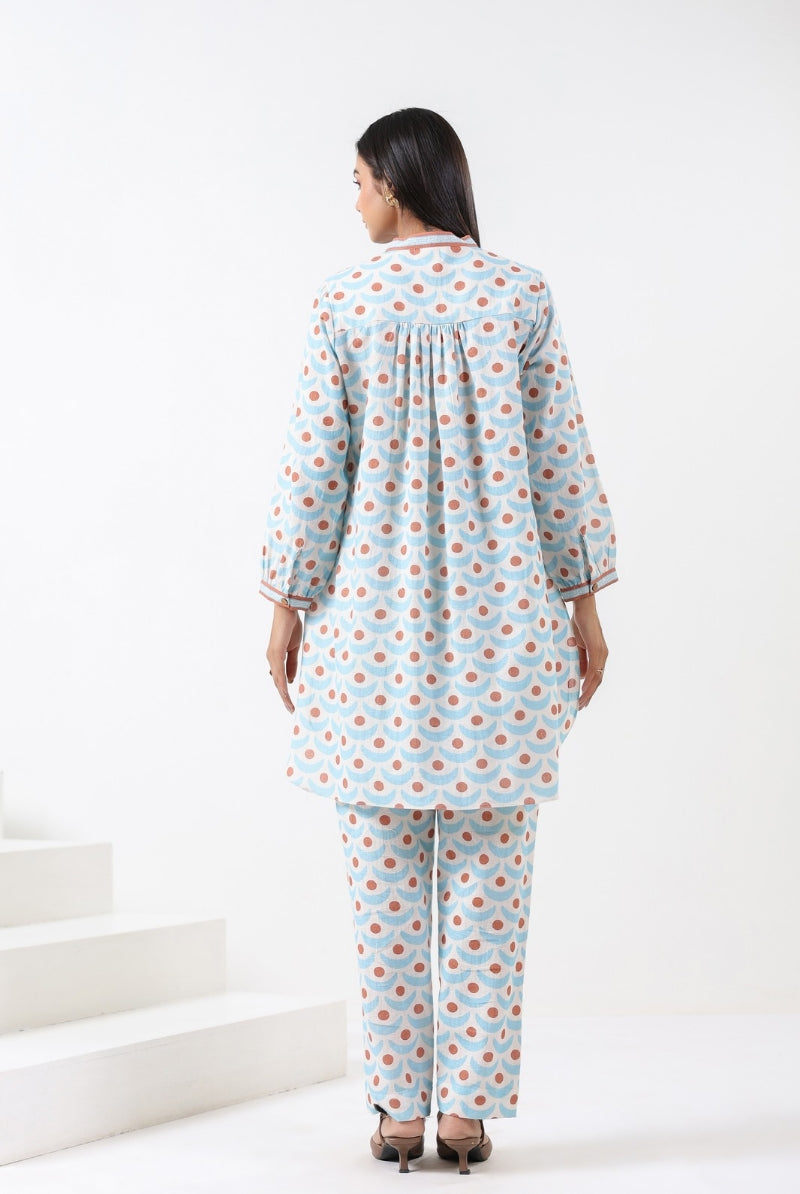 Chand Print on Turquoise Brown Cotton Shirt Co-ord Set | Jaipurrang | Women's Ethnic Wear