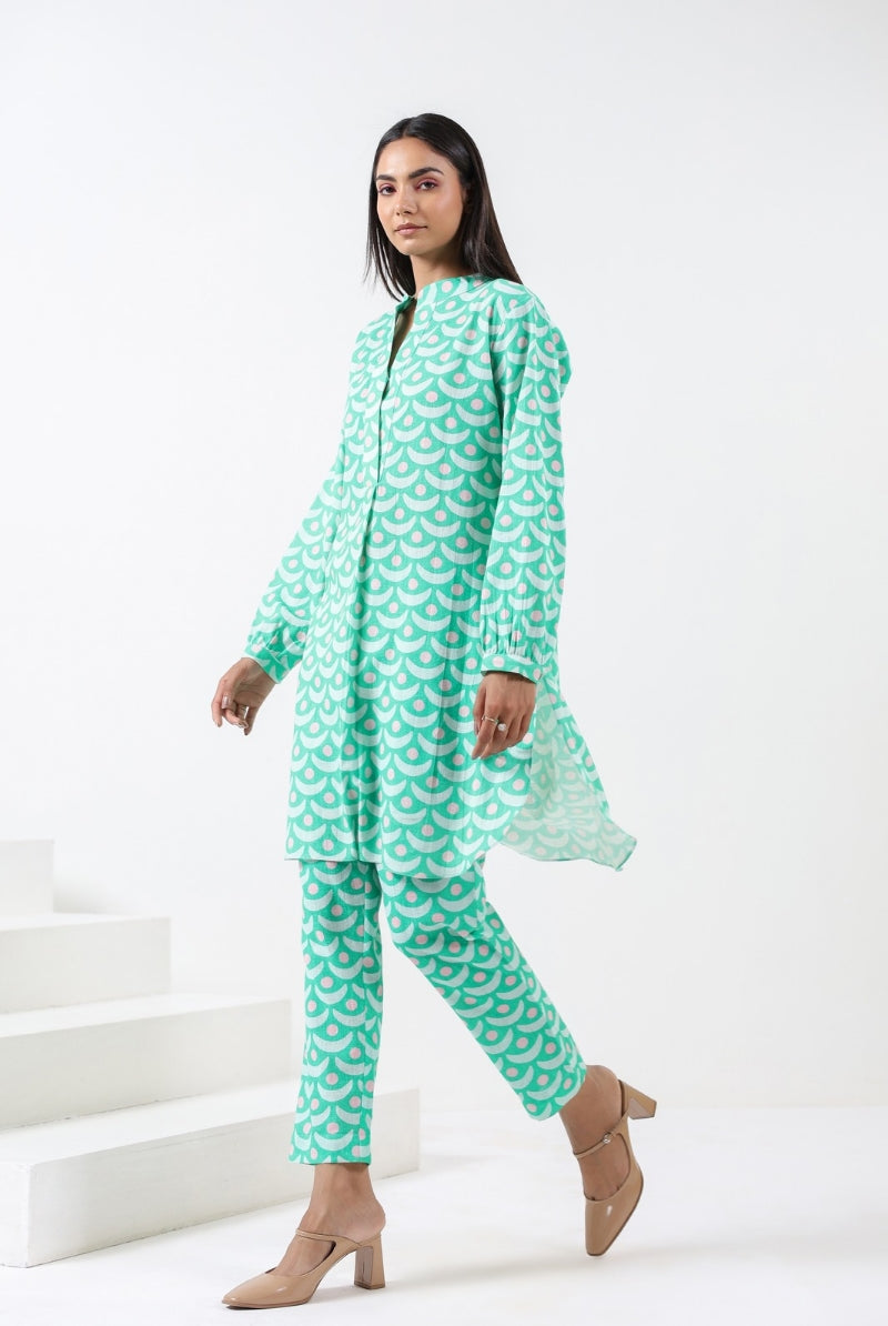 Chand Print on Green Pink Cotton Shirt Co-ord Set | Jaipurrang | Women's Ethnic Wear