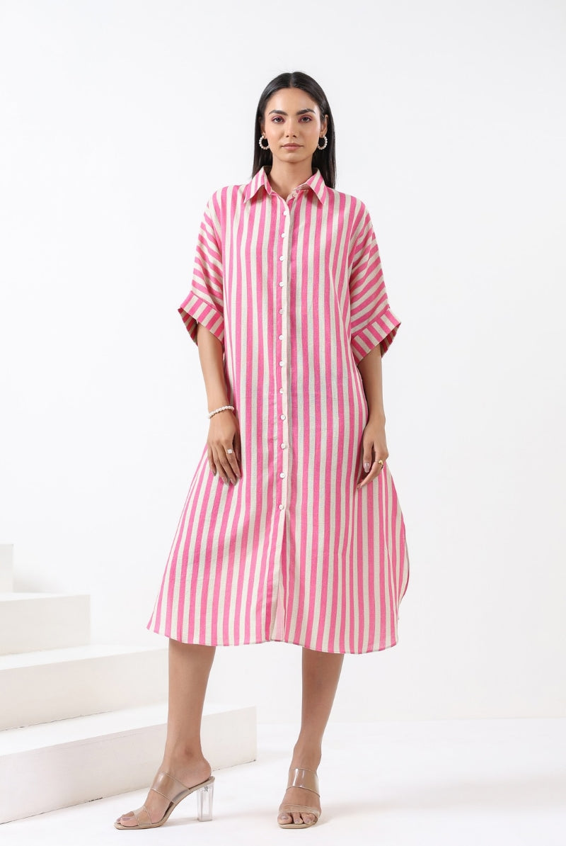 Stripe on Pink Sage Cotton Shirt Dress | Jaipurrang | Women's Ethnic Wear