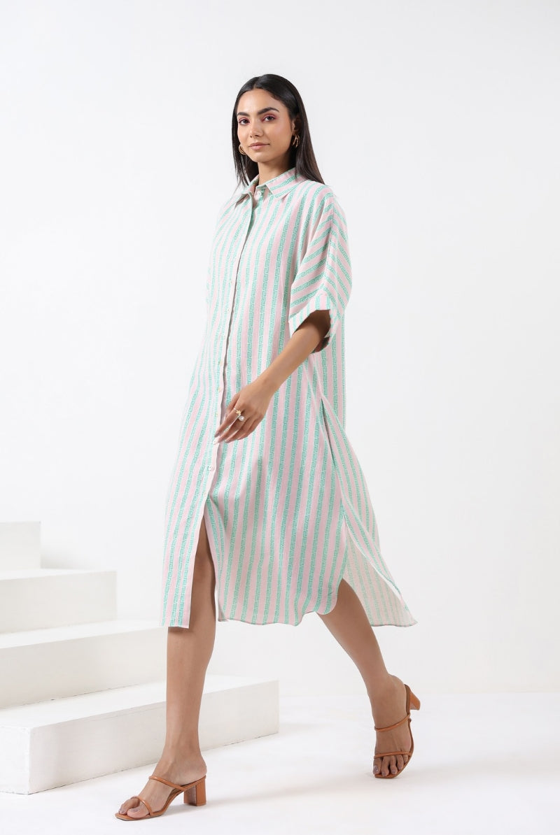 Stripe on Pink Green Cotton Shirt Dress | Jaipurrang | Women's Ethnic Wear