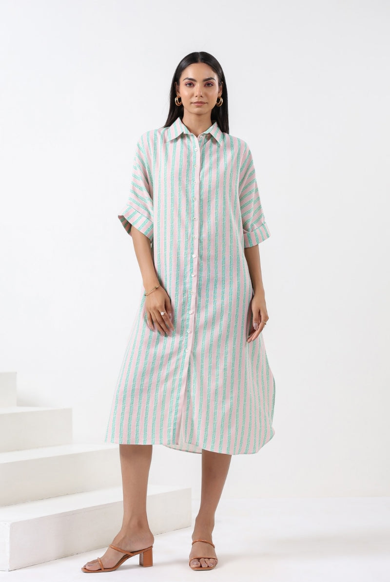 Stripe on Pink Green Cotton Shirt Dress | Jaipurrang | Women's Ethnic Wear