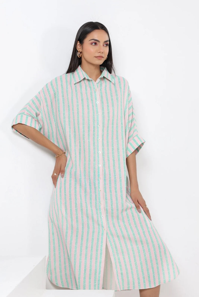 Stripe on Pink Green Cotton Shirt Dress | Jaipurrang | Women's Ethnic Wear