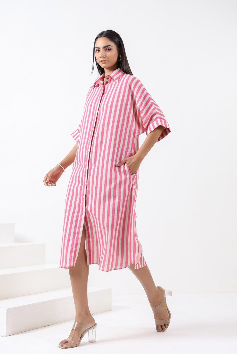 Stripe on Pink Sage Cotton Shirt Dress | Jaipurrang | Women's Ethnic Wear