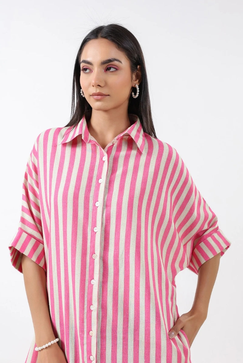 Stripe on Pink Sage Cotton Shirt Dress | Jaipurrang | Women's Ethnic Wear