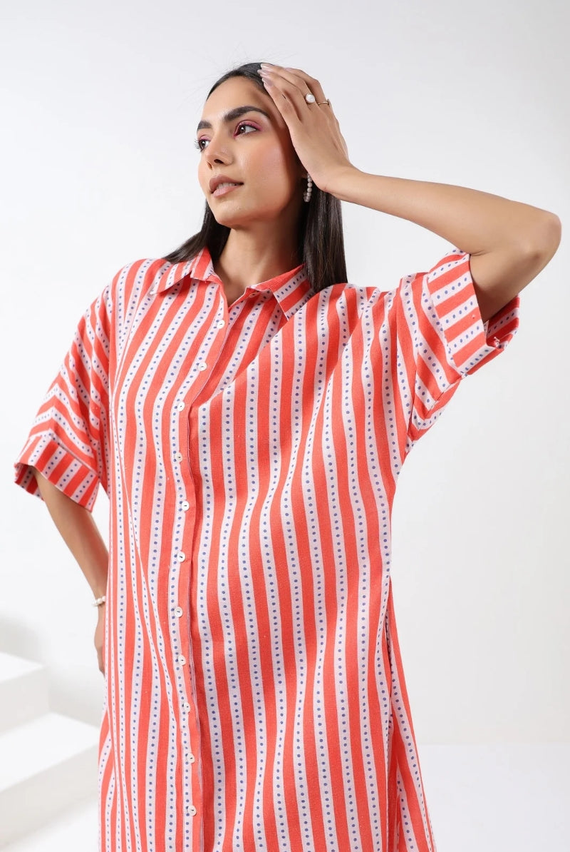 Stripe on Orange White Cotton Shirt Dress | Jaipurrang | Women's Ethnic Wear