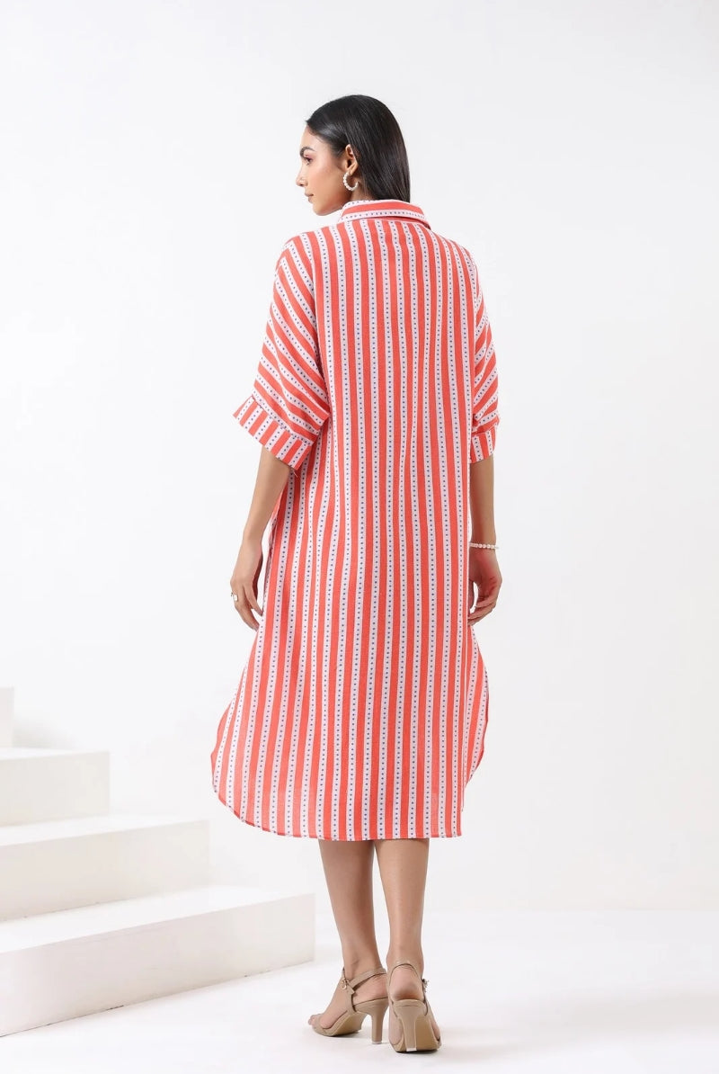 Stripe on Orange White Cotton Shirt Dress | Jaipurrang | Women's Ethnic Wear