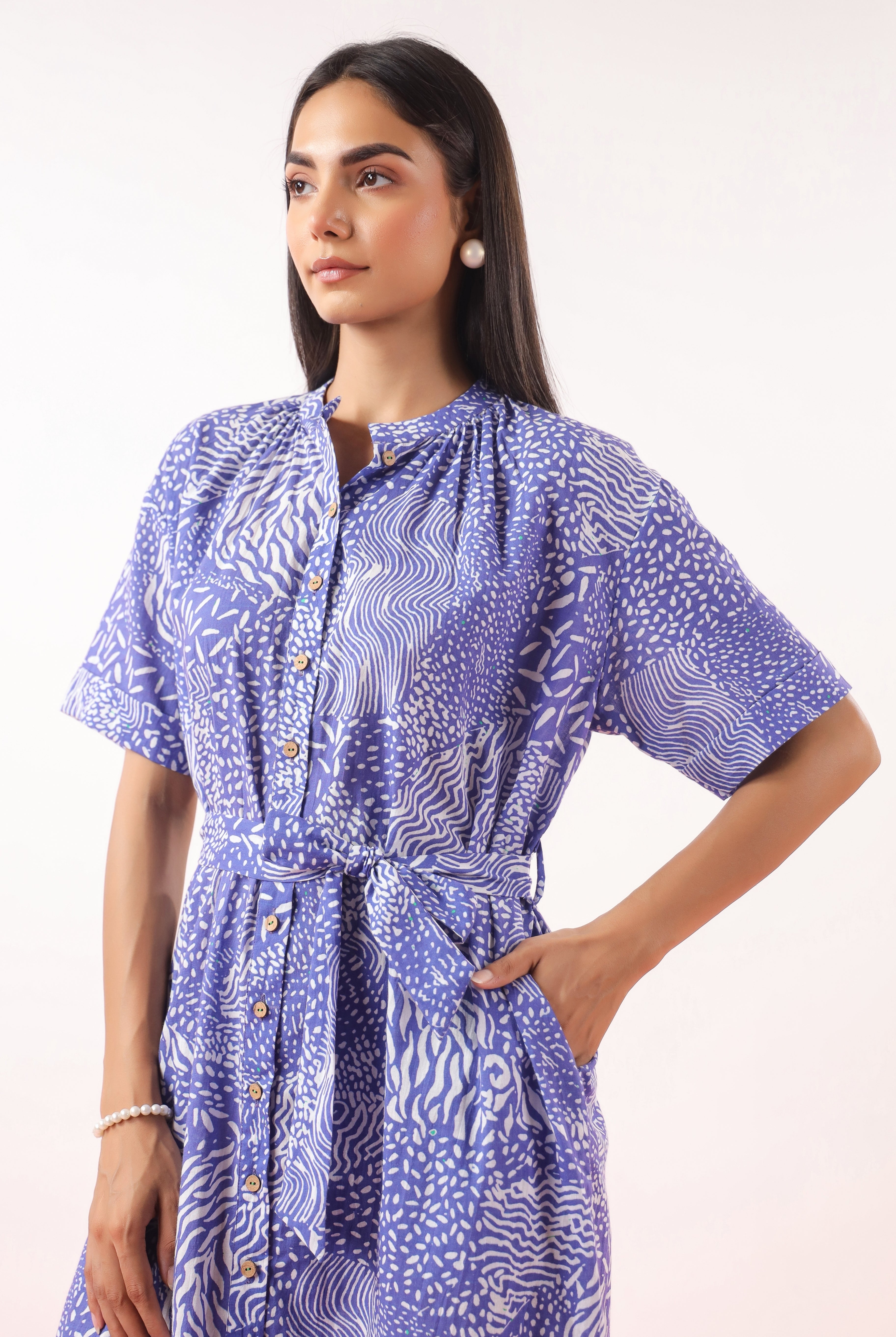 Abstract Print on Blue Cotton Dress | Jaipurrang | Women's Ethnic Wear