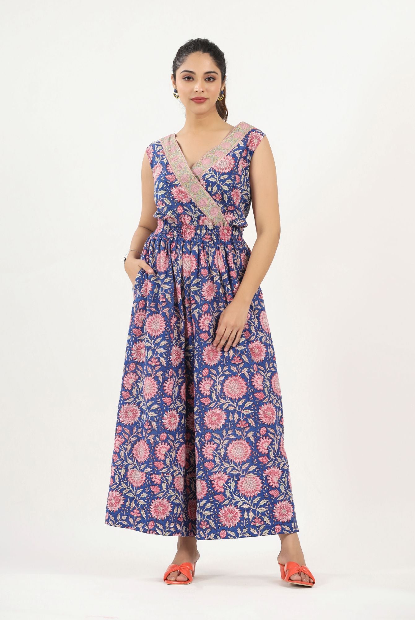 Jaal Block Print on Blue Cotton Jumpsuit | Jaipurrang | Hand Block Print Ethnic Wear