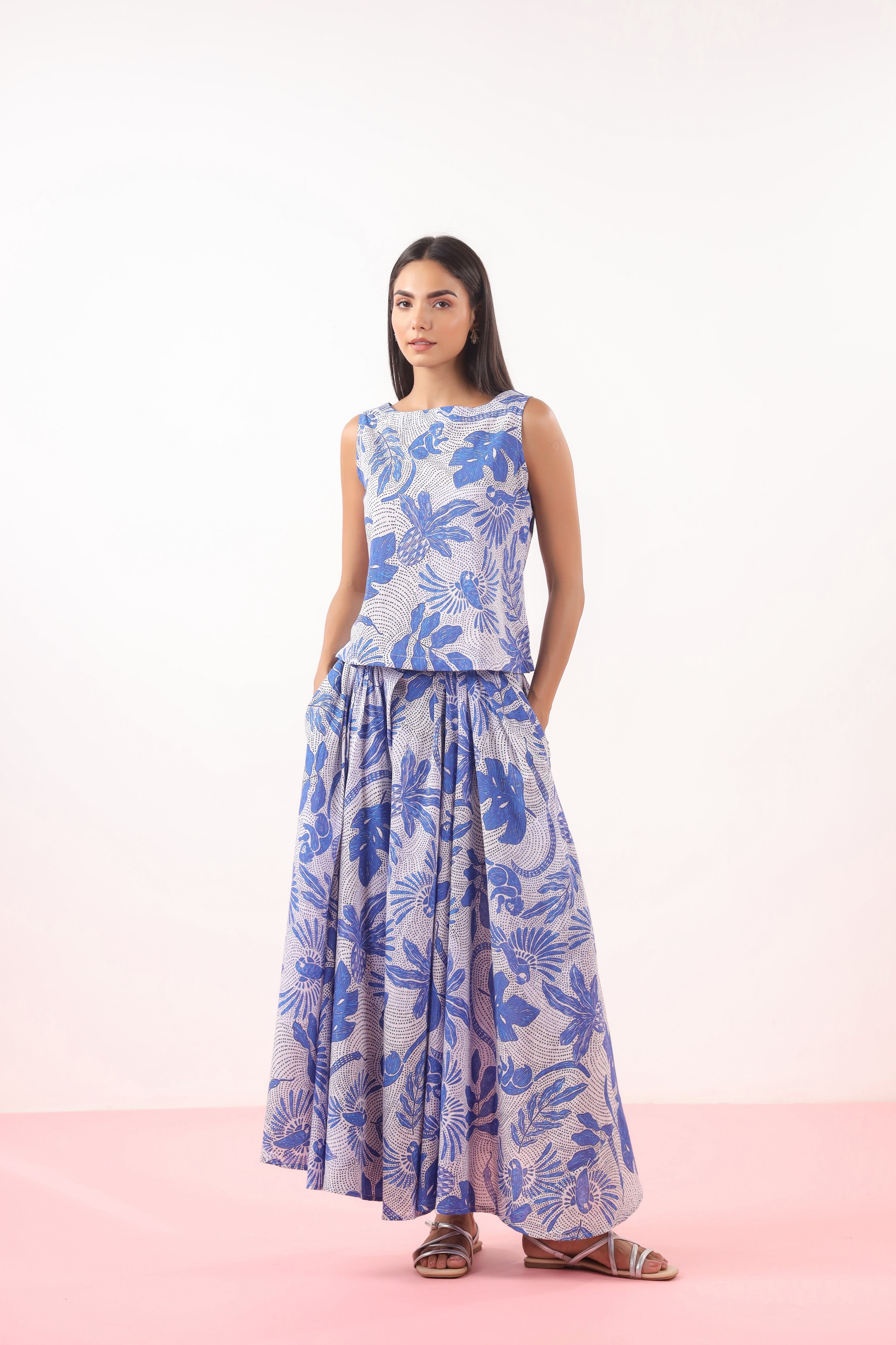 Bird Print on Blue Cotton Skirt | Jaipurrang | Women's Ethnic Wear