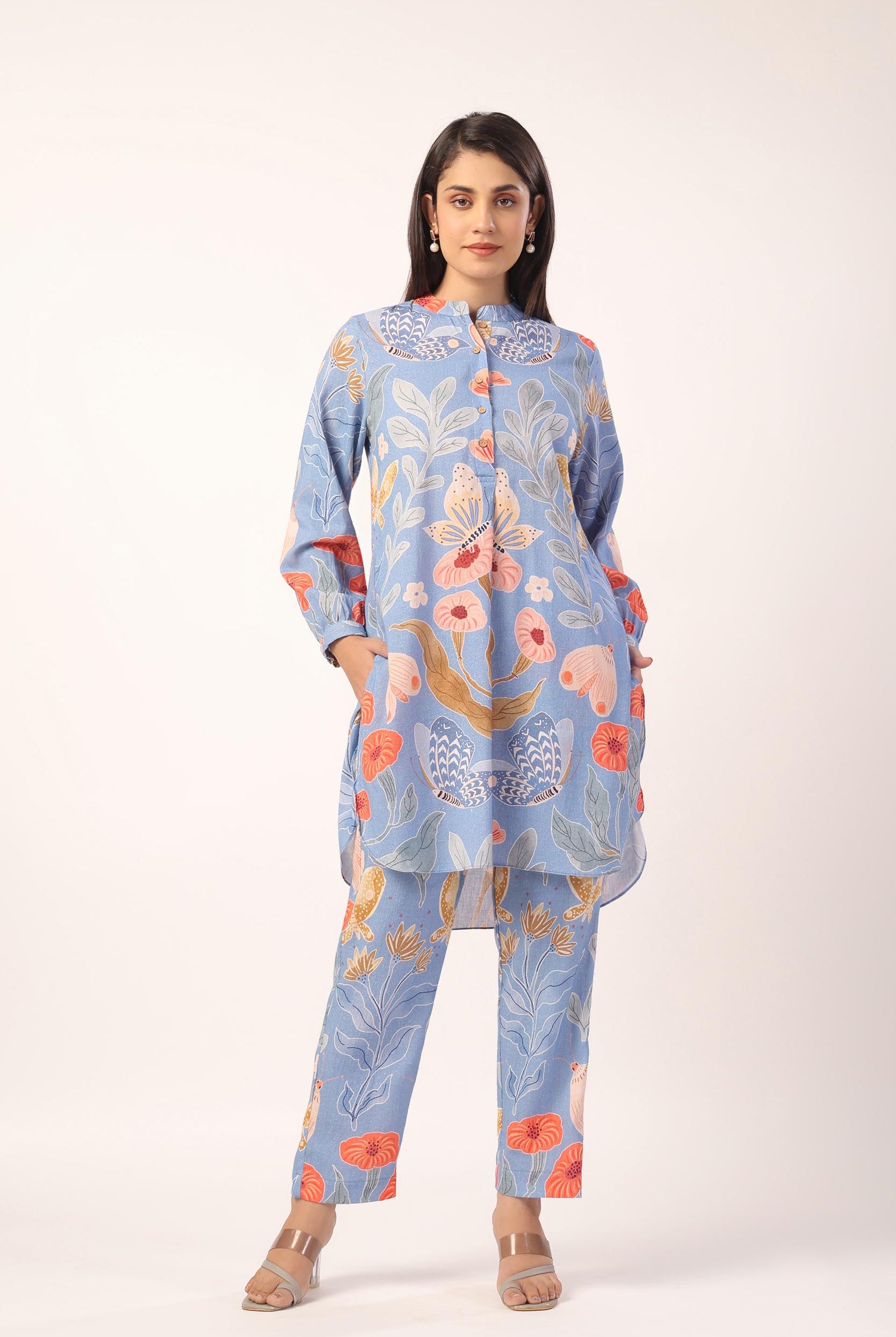Floral Print on Powder Blue Cotton Linen Shirt Co-ord Set | Jaipurrang | Women's Ethnic Wear