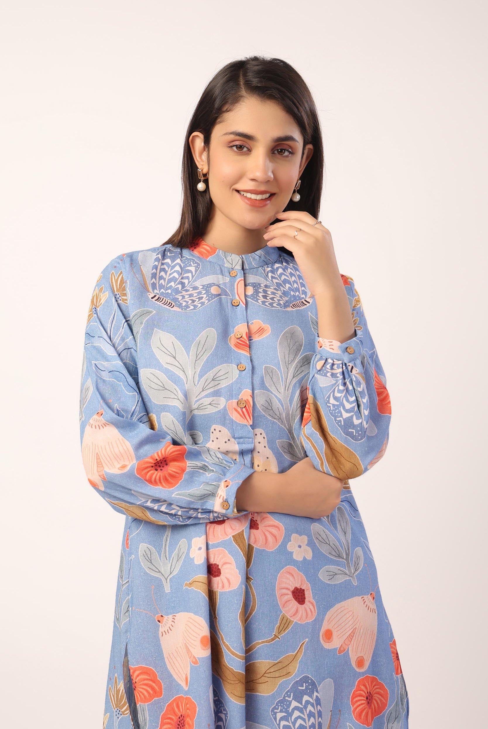 Floral Print on Powder Blue Cotton Linen Shirt Co-ord Set | Jaipurrang | Women's Ethnic Wear