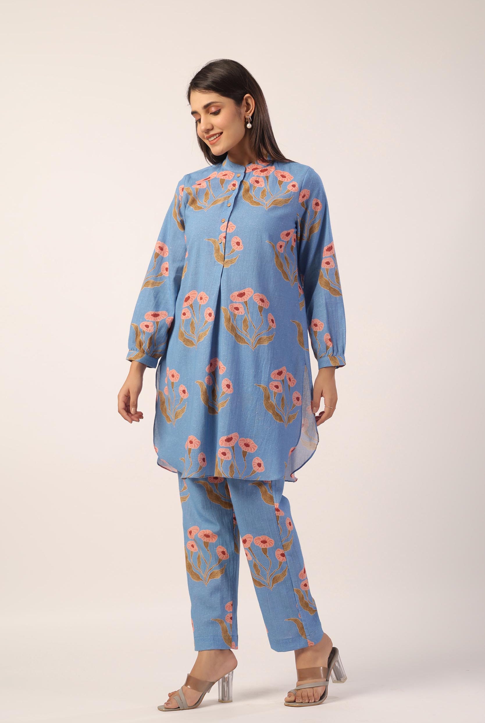 Flower Butta Print on Powder Blue Cotton Linen Shirt Co-ord Set | Jaipurrang | Women's Ethnic Wear