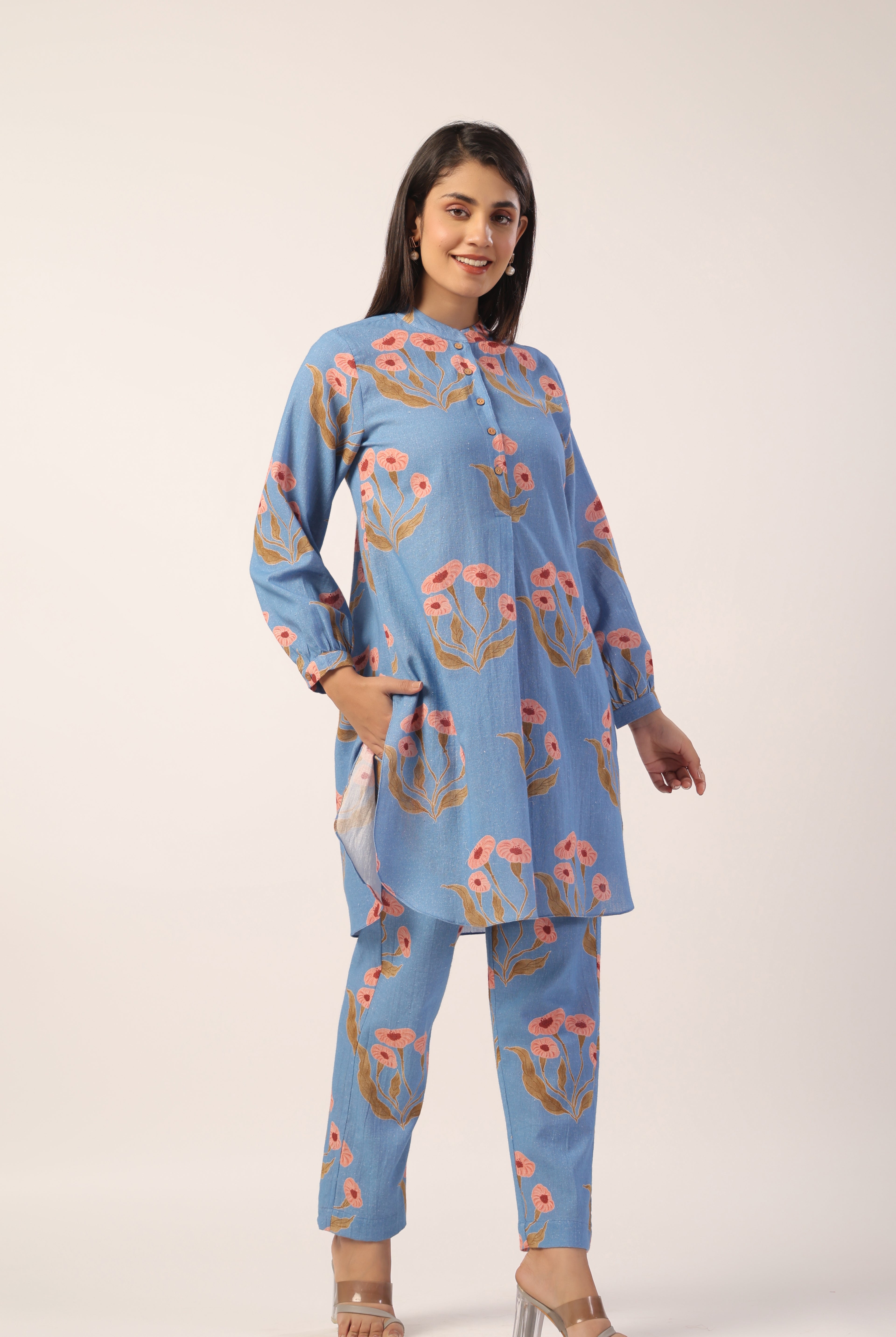 Flower Butta Print on Powder Blue Cotton Linen Shirt Co-ord Set | Jaipurrang | Women's Ethnic Wear