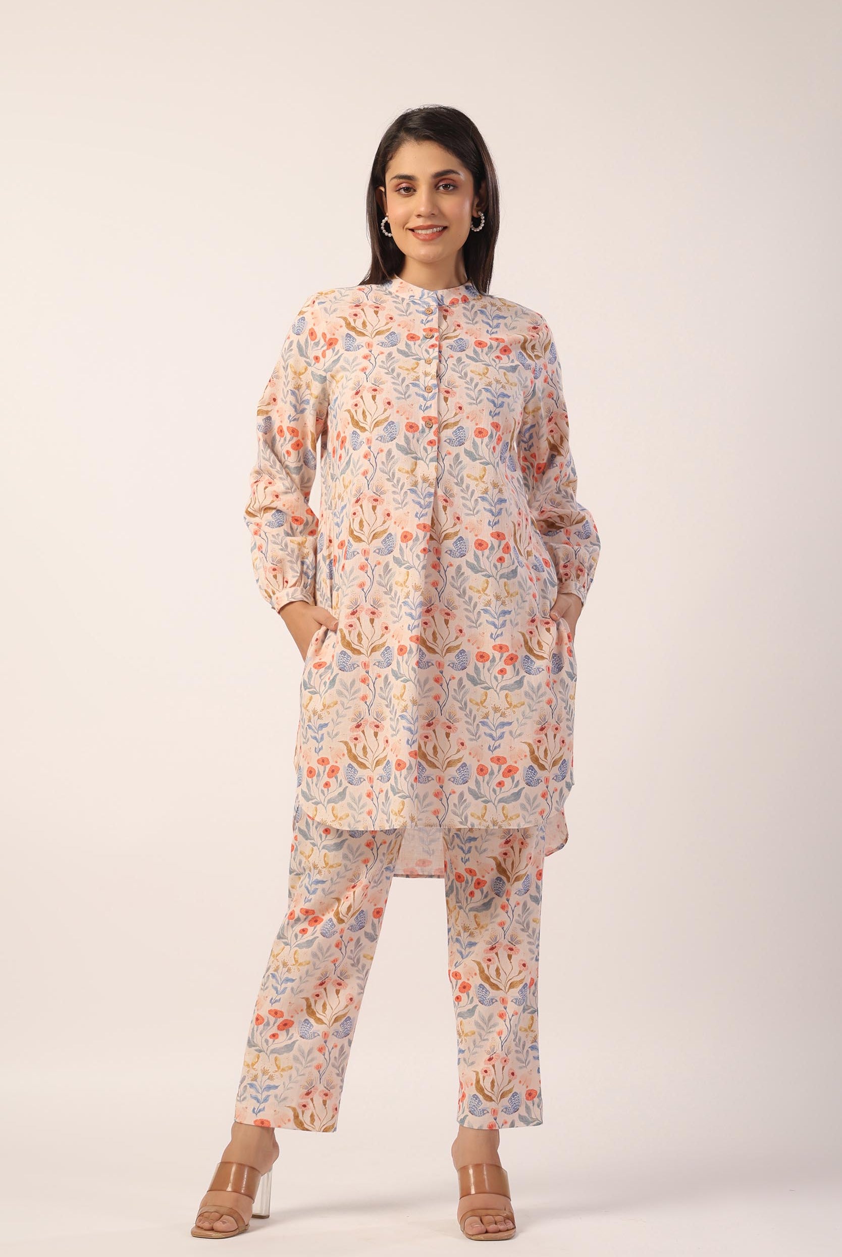 Floral Jaal Print on Beige Cotton Linen Shirt Co-ord Set | Jaipurrang | Women's Ethnic Wear