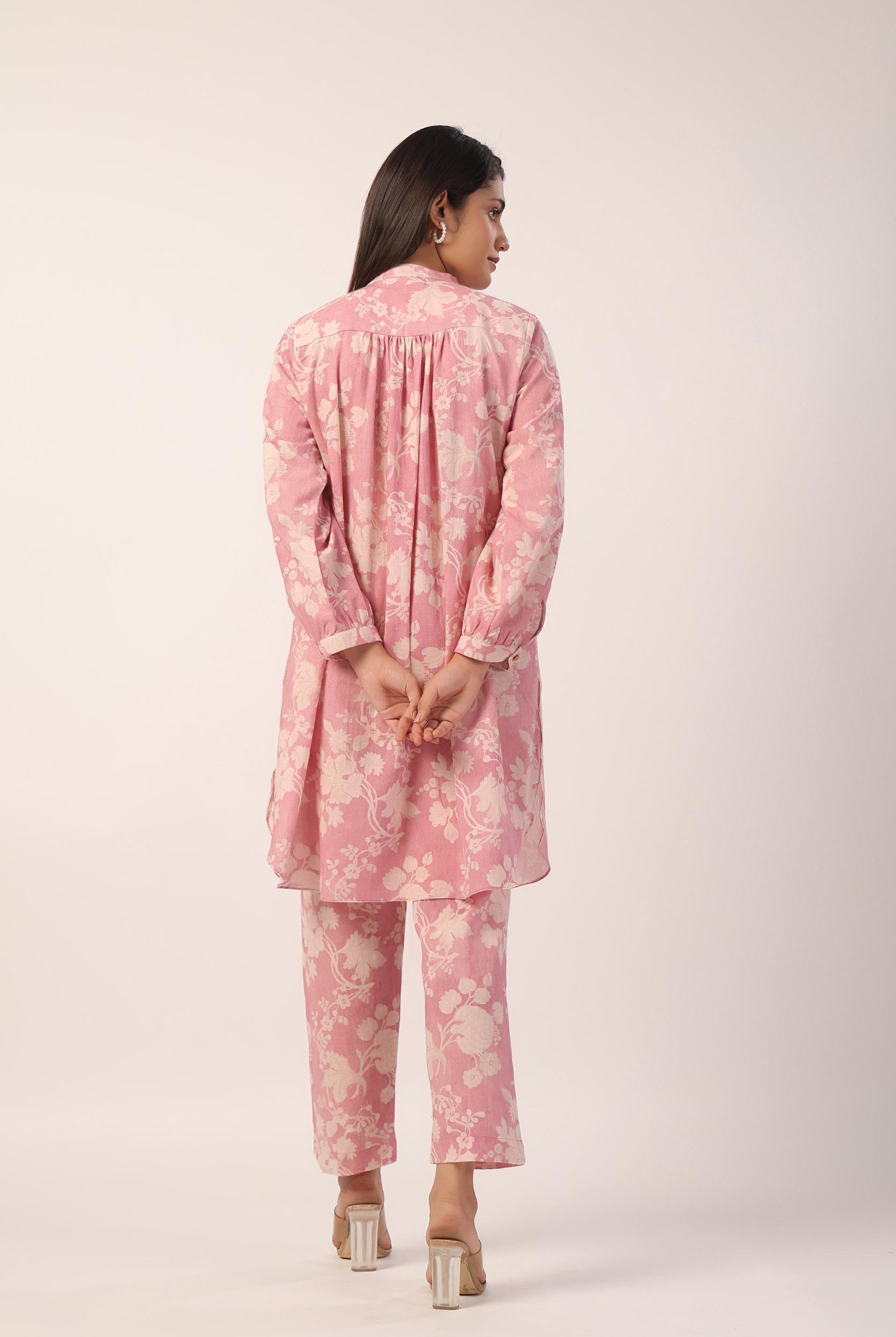 Floral Print on Onion Pink Cotton Linen Shirt Co-ord Set | Jaipurrang | Women's Ethnic Wear
