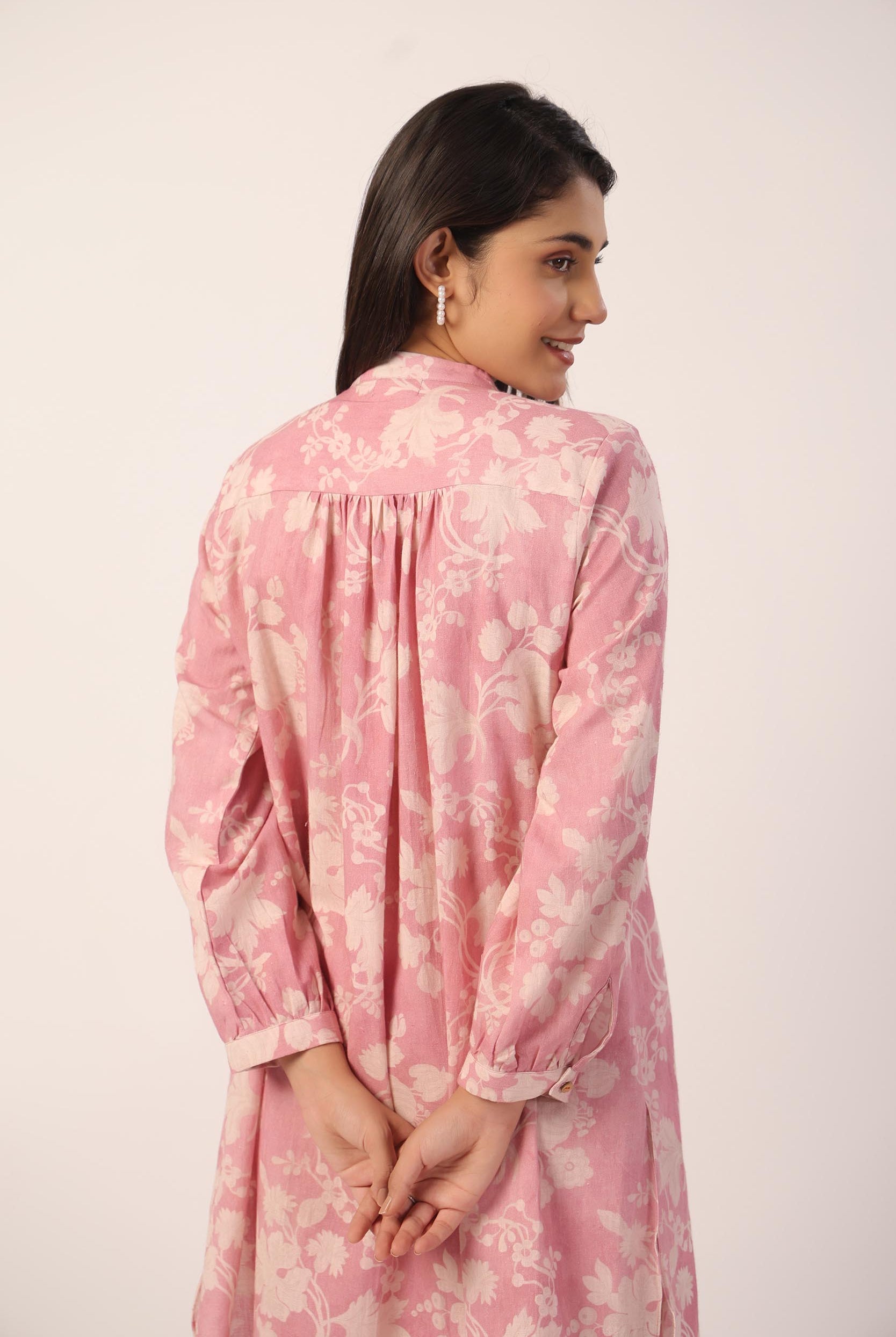 Floral Print on Onion Pink Cotton Linen Shirt Co-ord Set | Jaipurrang | Women's Ethnic Wear