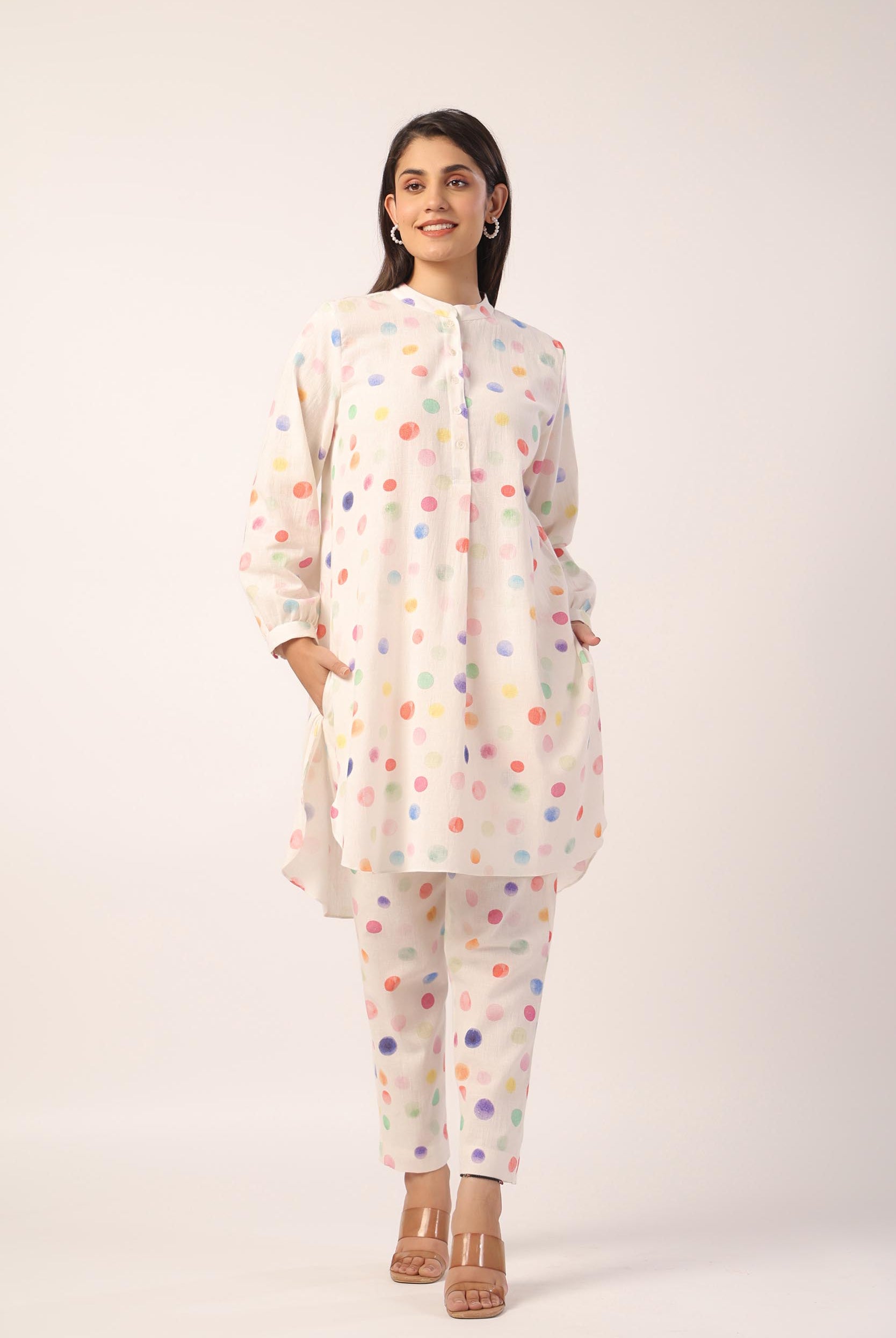 Polka Dot Print on White Cotton Linen Shirt Co-ord Set | Jaipurrang | Women's Ethnic Wear