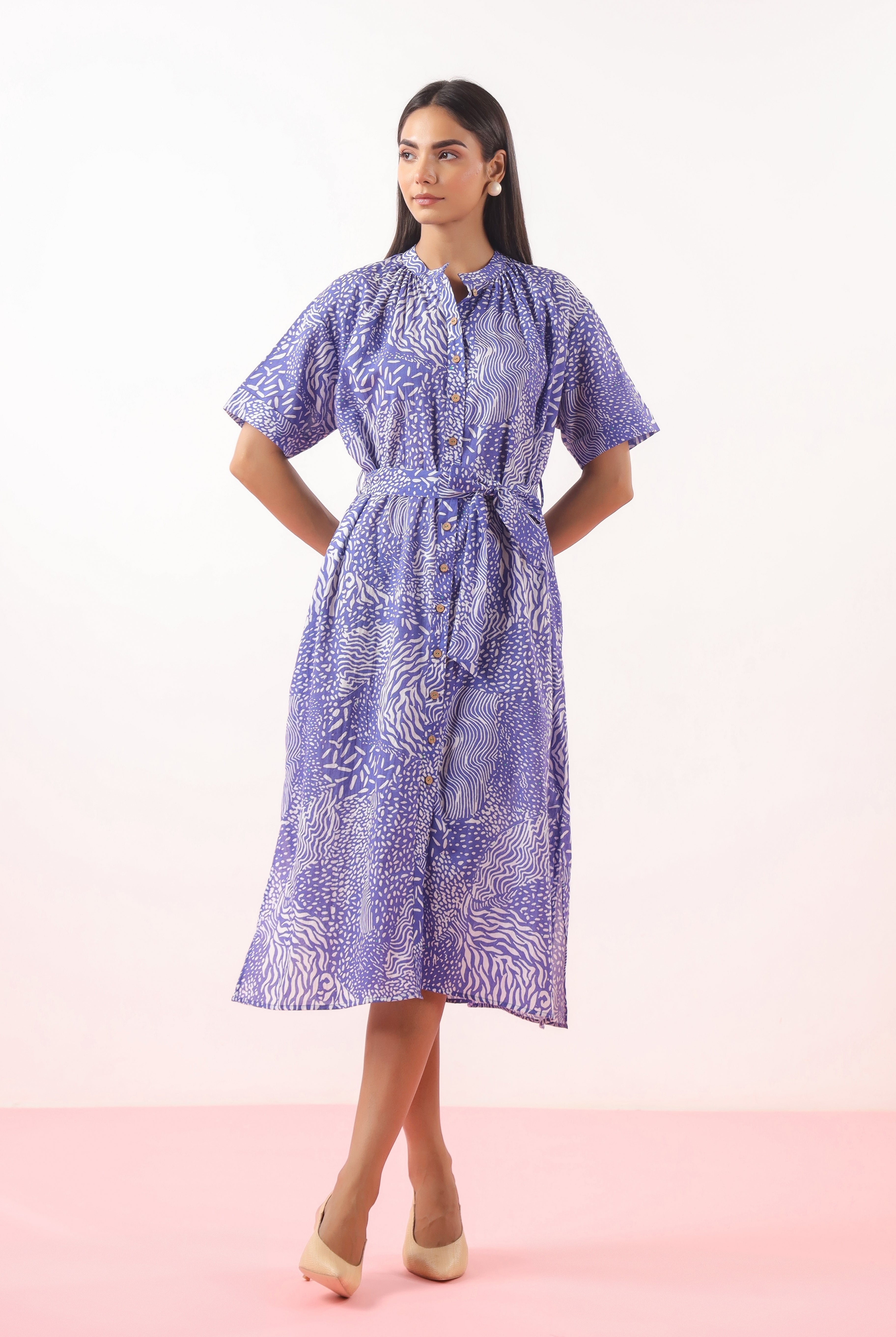 Abstract Print on Blue Cotton Dress | Jaipurrang | Women's Ethnic Wear