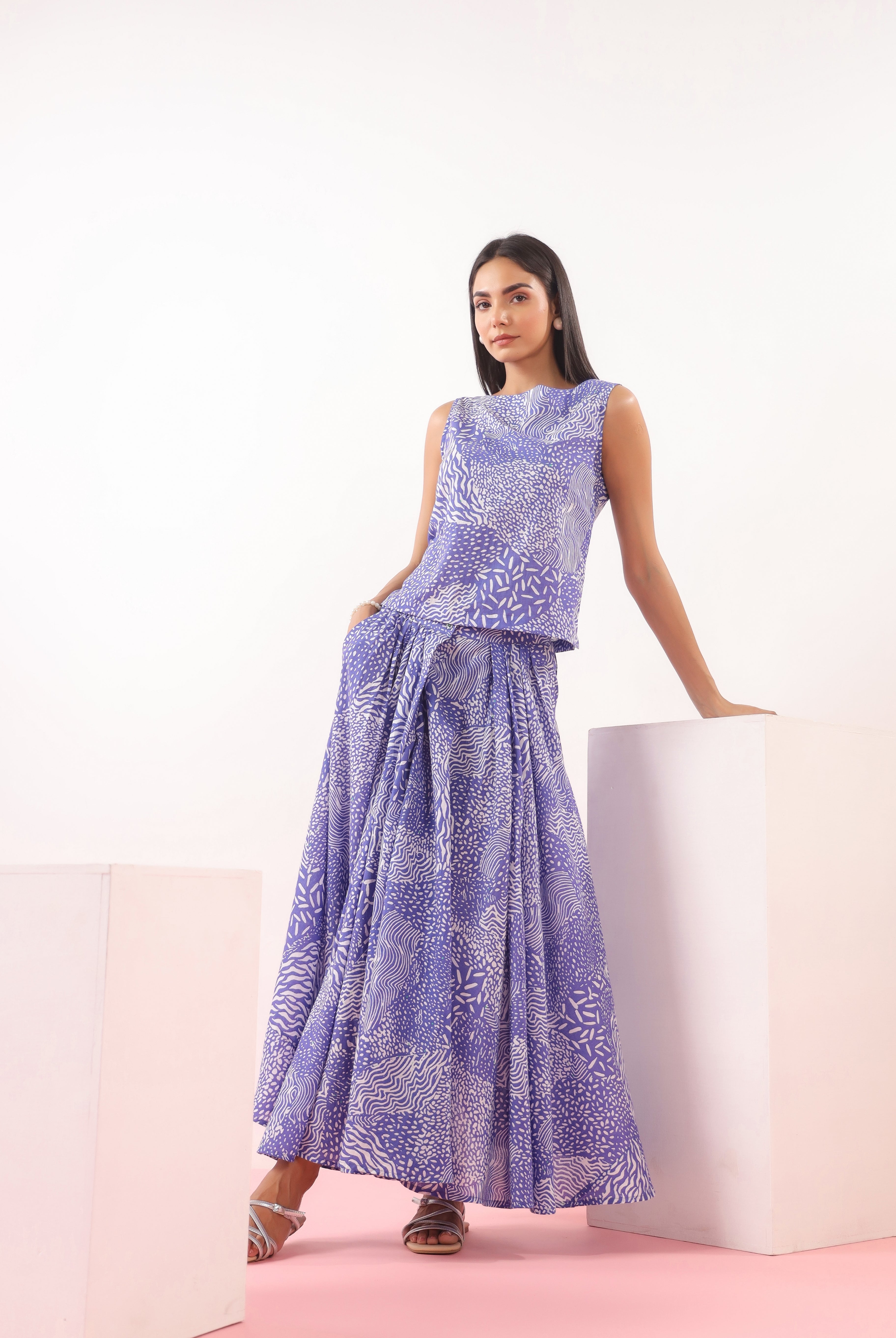 Abstract Print on Blue Cotton Sleeveless Top | Jaipurrang | Women's Ethnic Wear