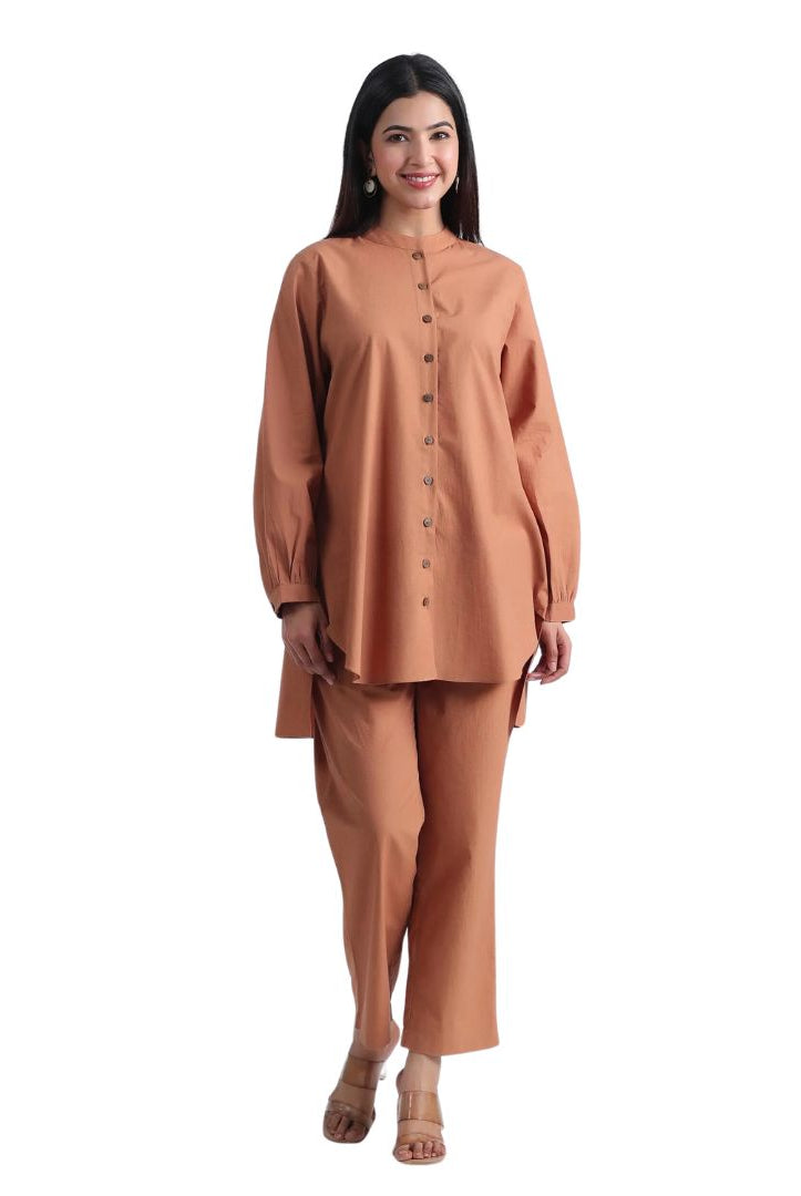 Solid on Brown Cotton Shirt Co-ord Set | Jaipurrang | Women's Ethnic Wear