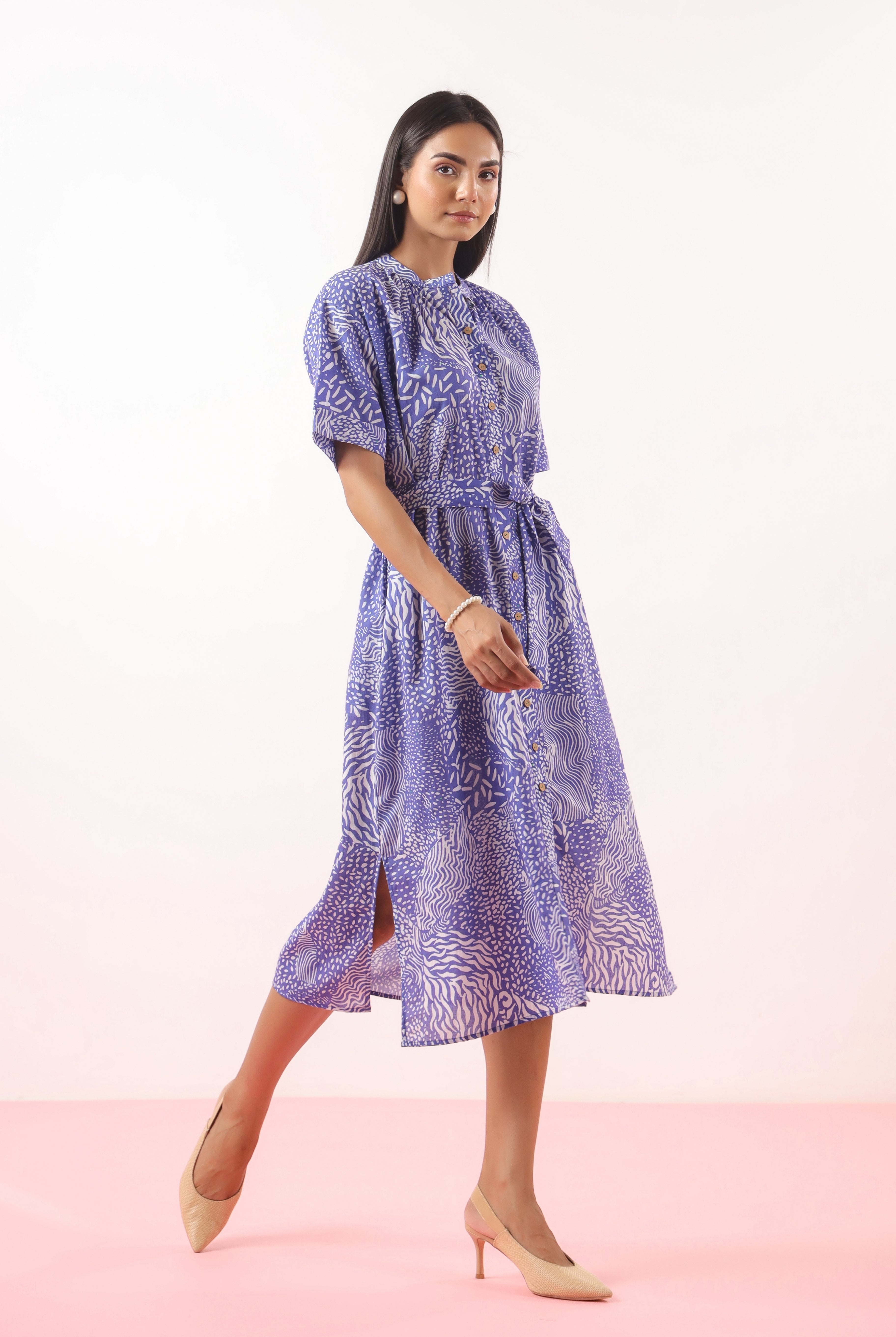 Abstract Print on Blue Cotton Dress | Jaipurrang | Women's Ethnic Wear