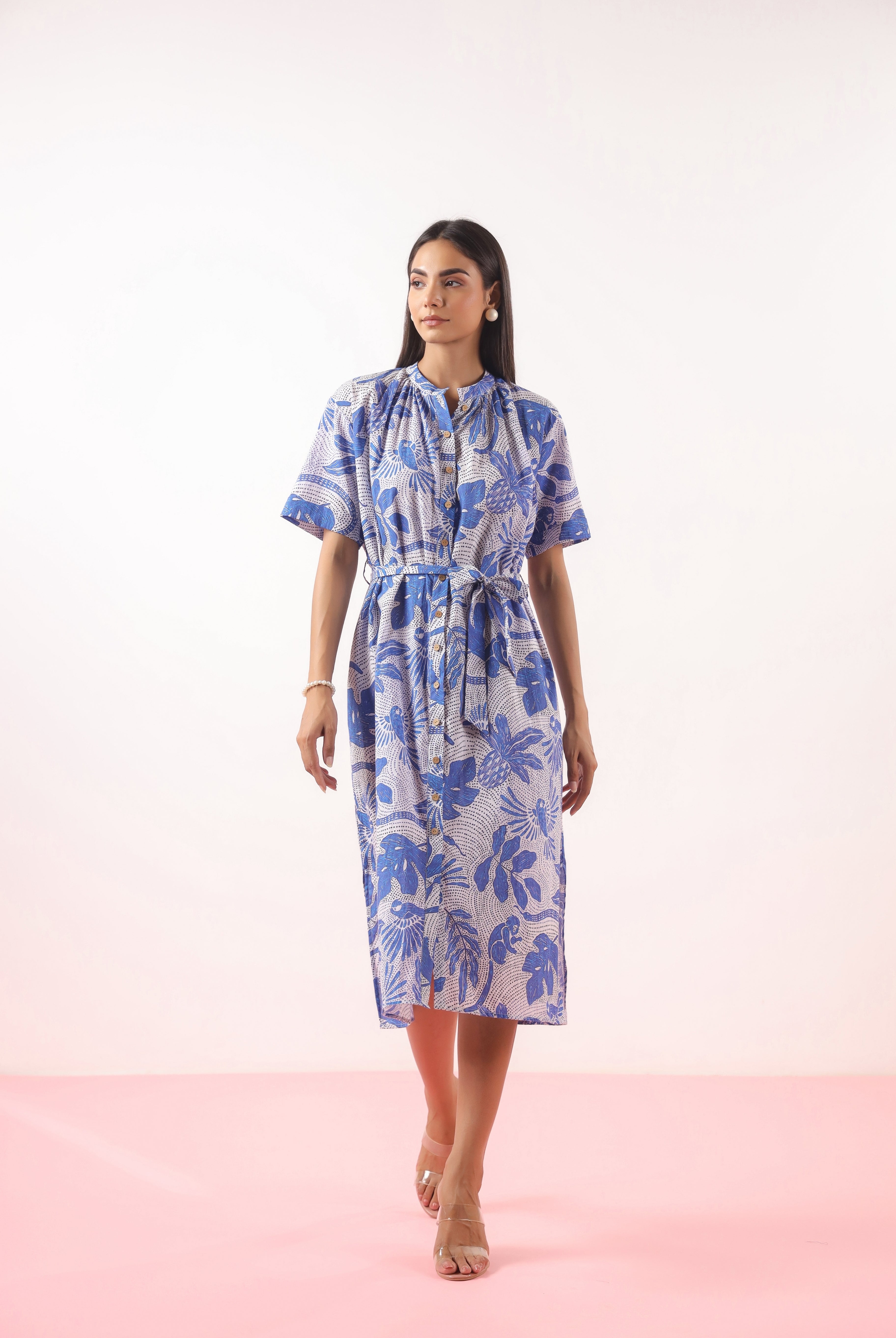 Bird Print on Blue Cotton Dress | Jaipurrang | Women's Ethnic Wear