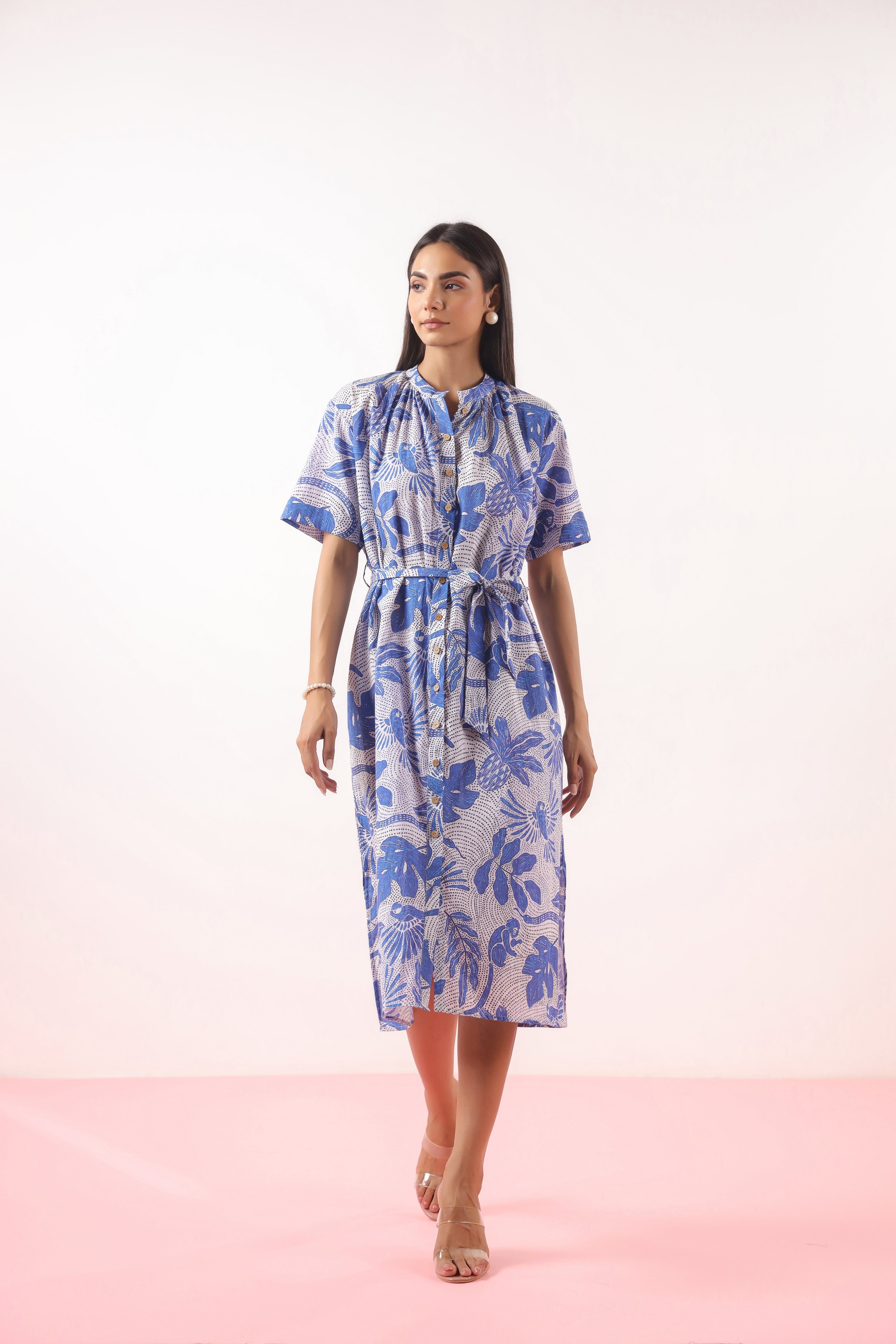 Bird Print on Blue Cotton Dress | Jaipurrang | Women's Ethnic Wear