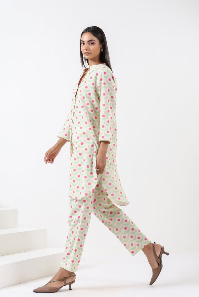 Chand Print on Sage Pink Cotton Shirt Co-ord Set | Jaipurrang | Women's Ethnic Wear