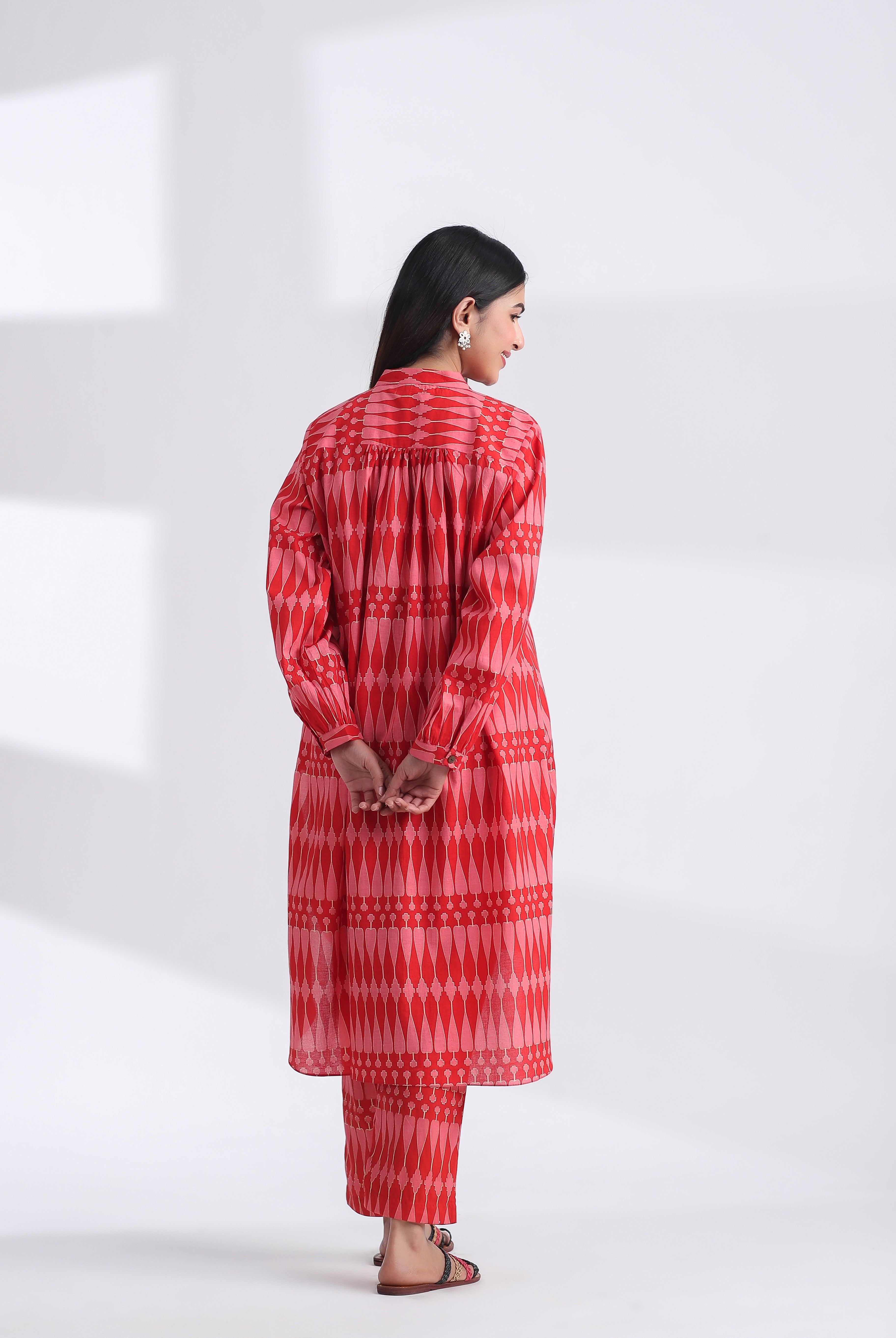 Kilim Print on Red Pink Cotton Shirt Co-ord Set | Jaipurrang | Women's Ethnic Wear