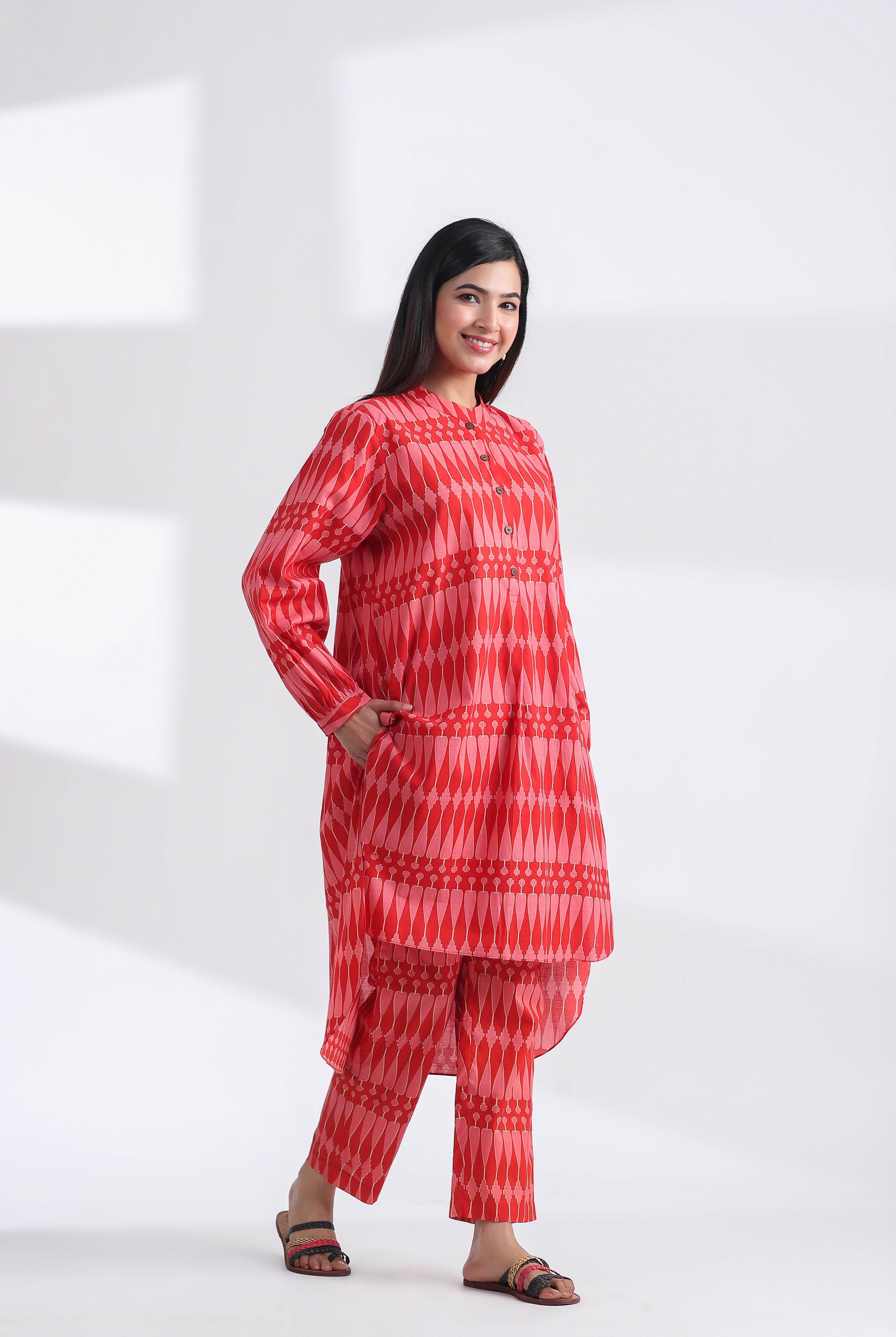 Kilim Print on Red Pink Cotton Shirt Co-ord Set | Jaipurrang | Women's Ethnic Wear
