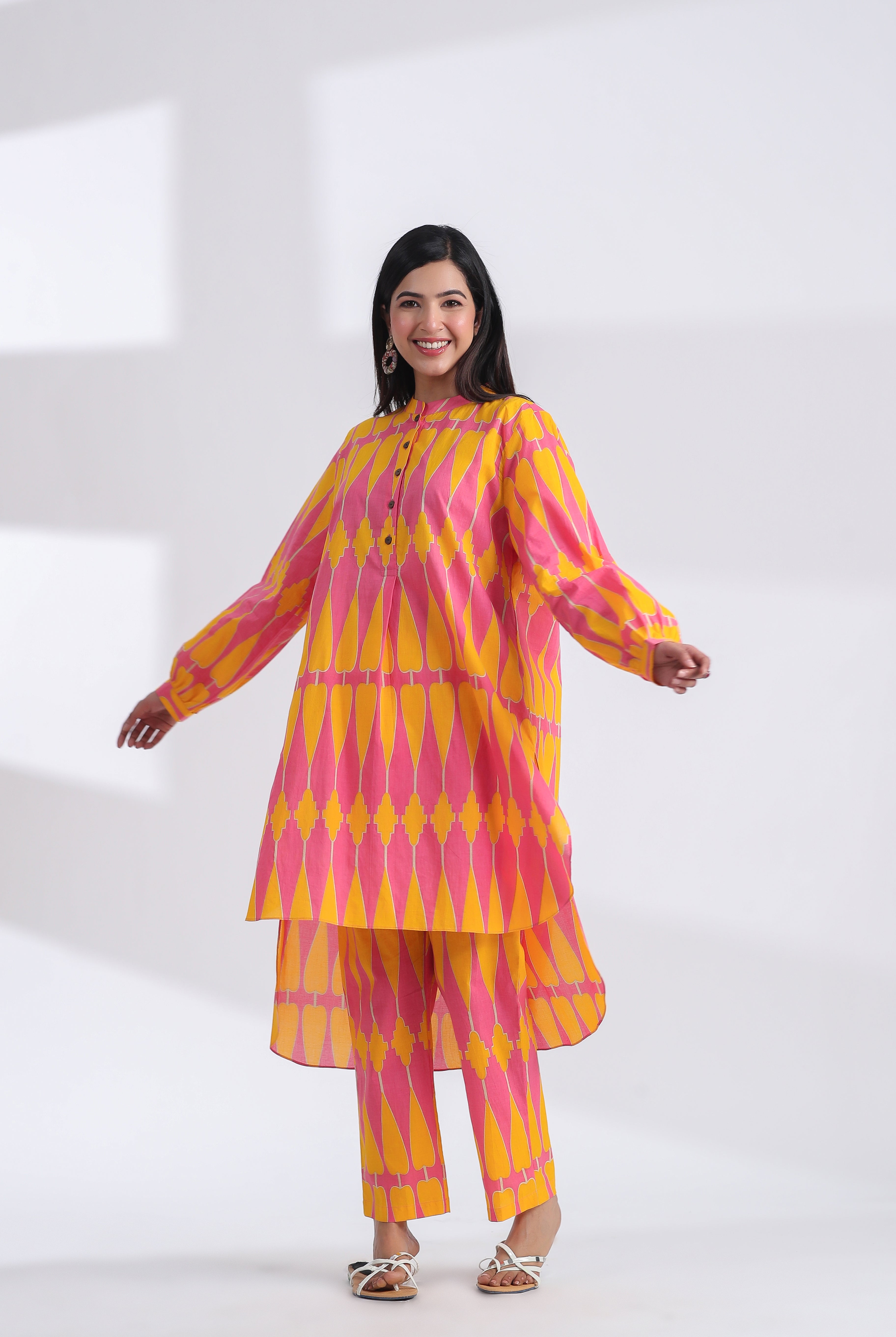 Kilim Print on Pink Yellow Cotton Shirt Co-ord Set | Jaipurrang | Women's Ethnic Wear