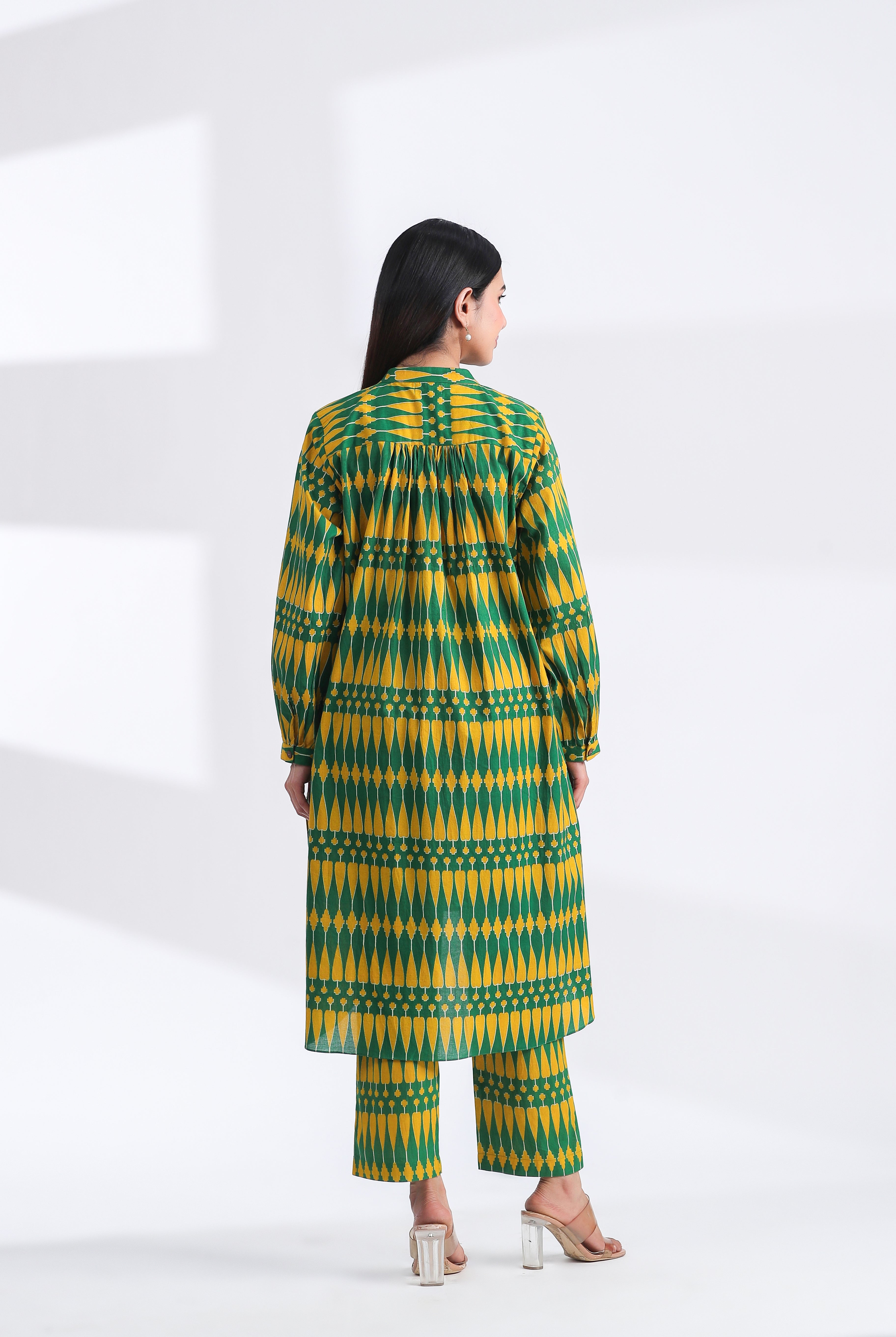 Kilim Print on Green Yellow Cotton Shirt Co-ord Set | Jaipurrang | Women's Ethnic Wear