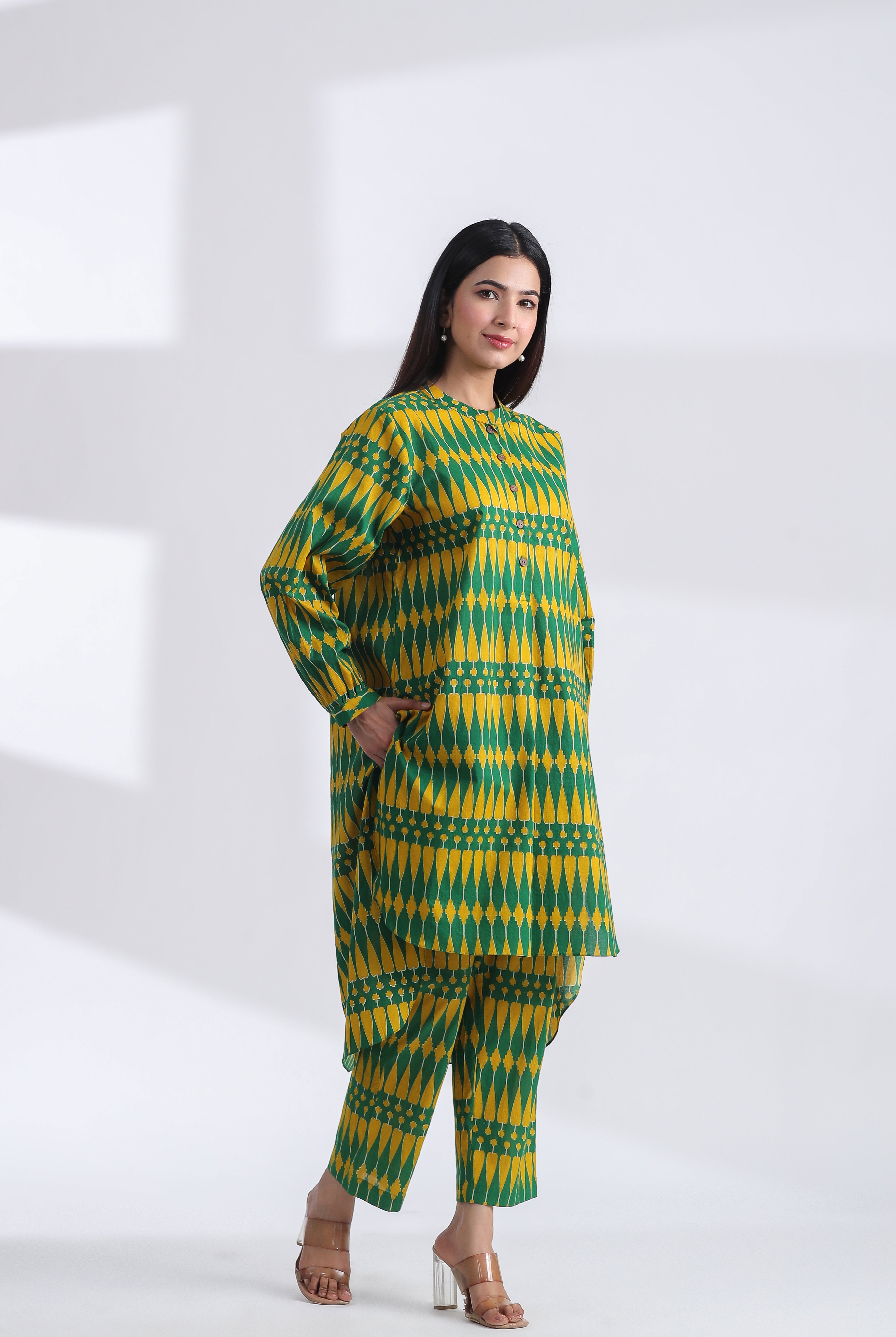 Kilim Print on Green Yellow Cotton Shirt Co-ord Set | Jaipurrang | Women's Ethnic Wear