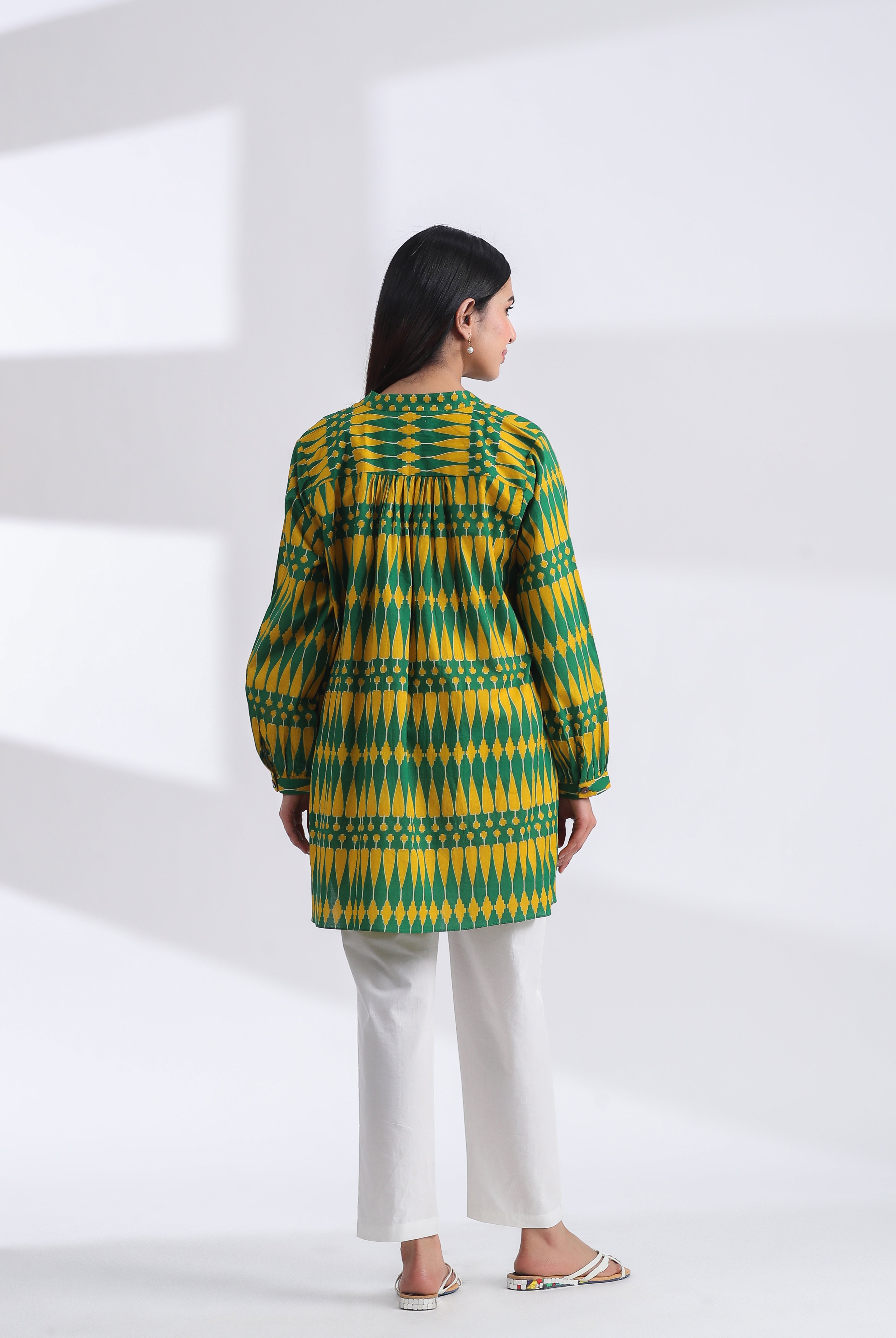Kilim Print on Green Yellow Cotton Shirt | Jaipurrang | Women's Ethnic Wear