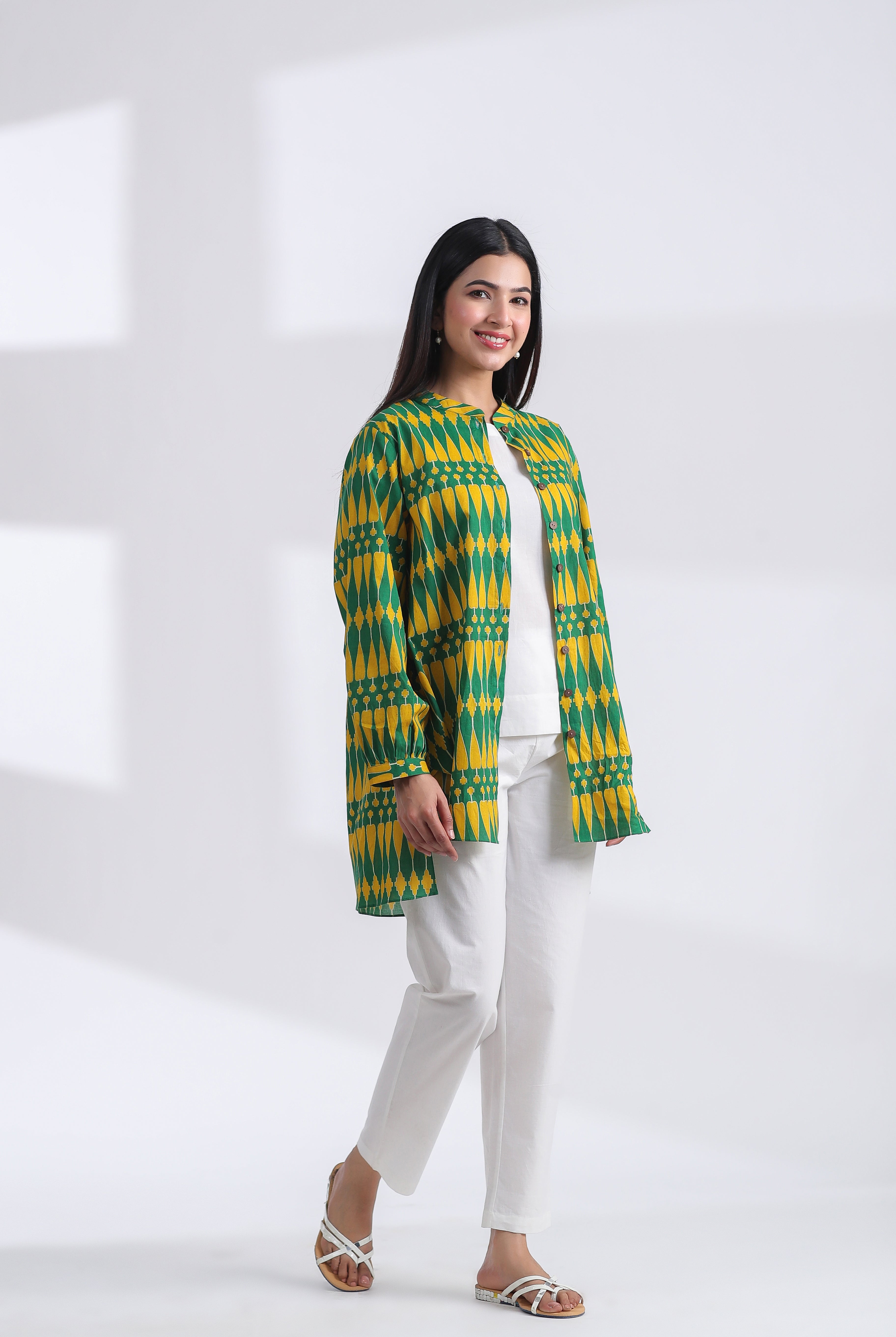Kilim Print on Green Yellow Cotton Shirt | Jaipurrang | Women's Ethnic Wear