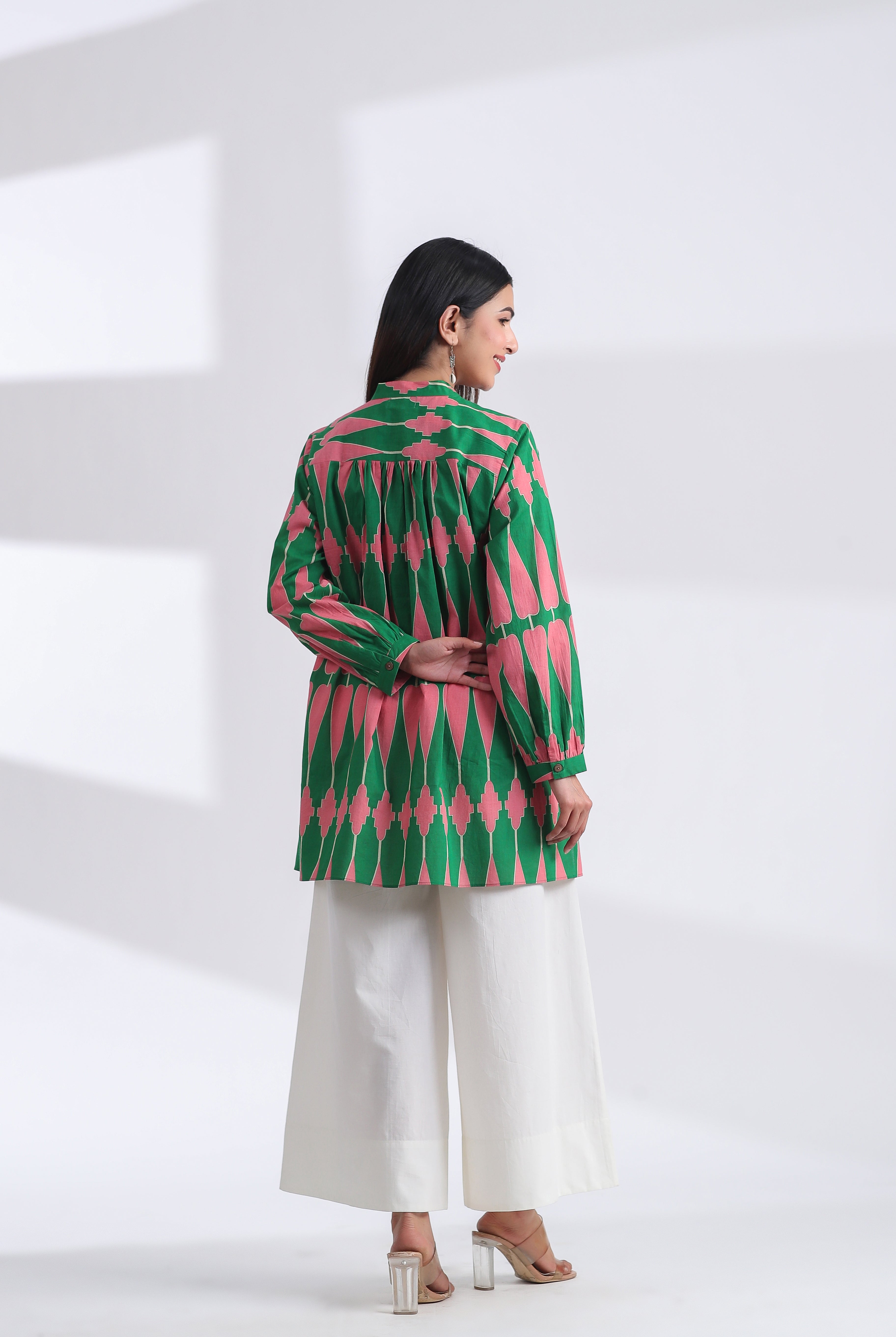 Kilim Print on Green Pink Cotton Shirt | Jaipurrang | Women's Ethnic Wear
