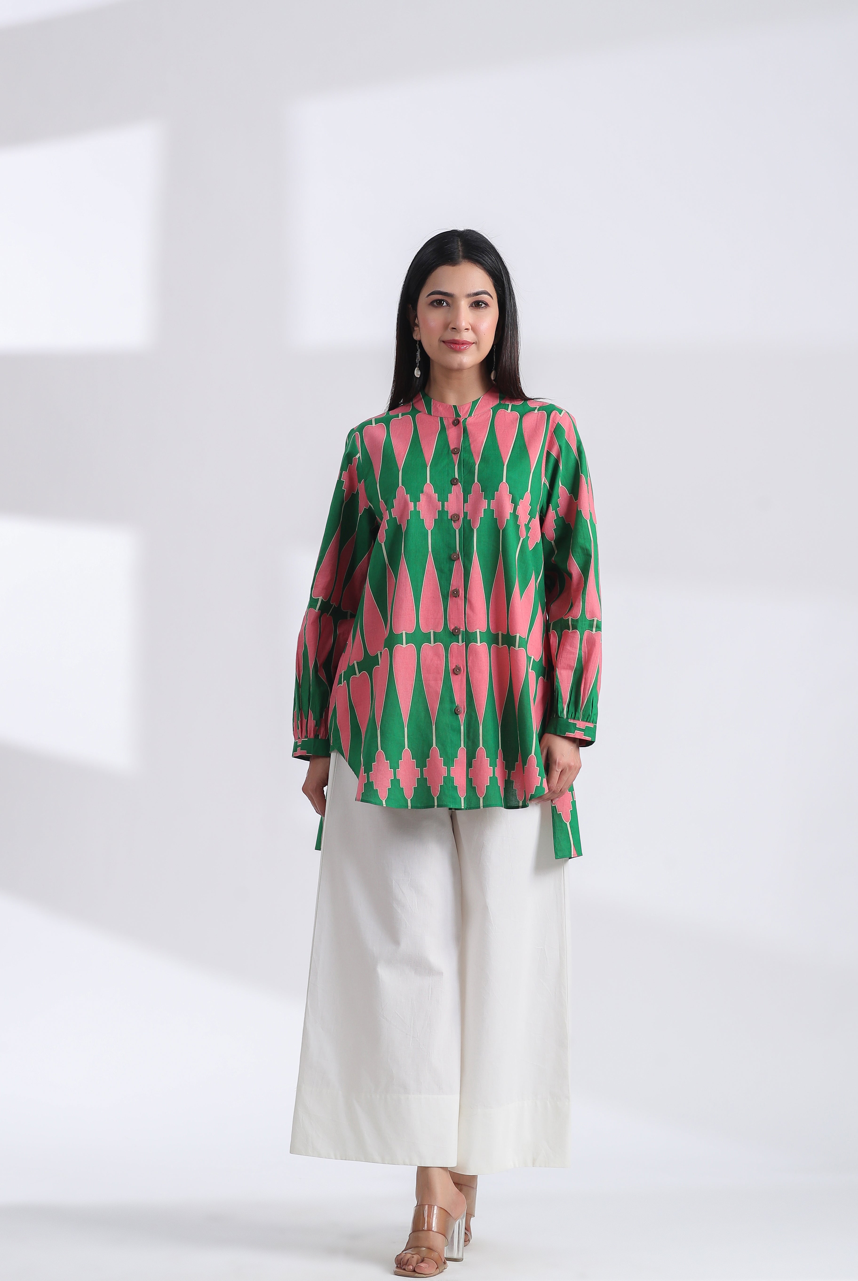 Kilim Print on Green Pink Cotton Shirt | Jaipurrang | Women's Ethnic Wear
