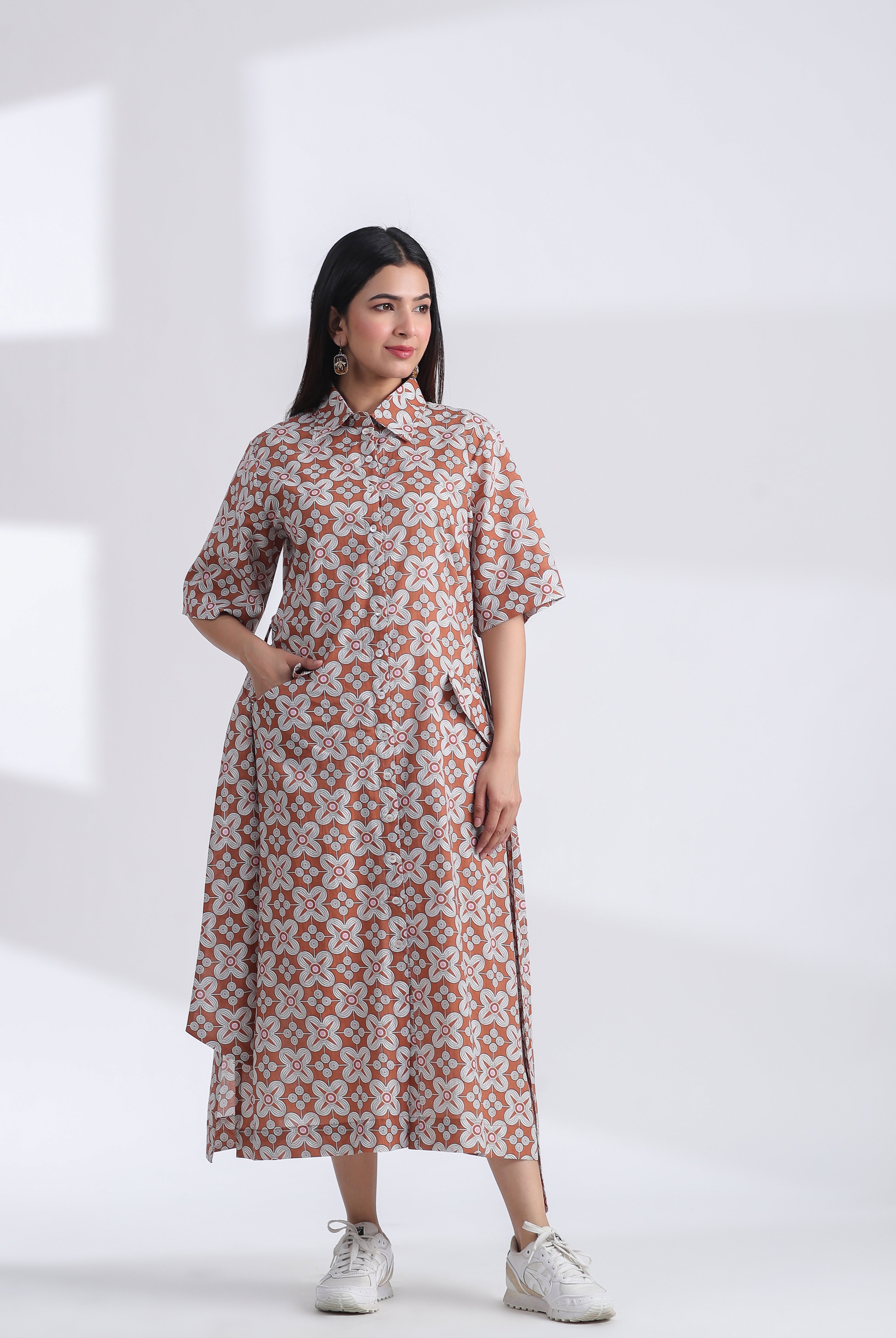 Geometric Block Print on Brown Ivory Cotton Belted Shirt Dress | Jaipurrang | Hand Block Print Ethnic Wear