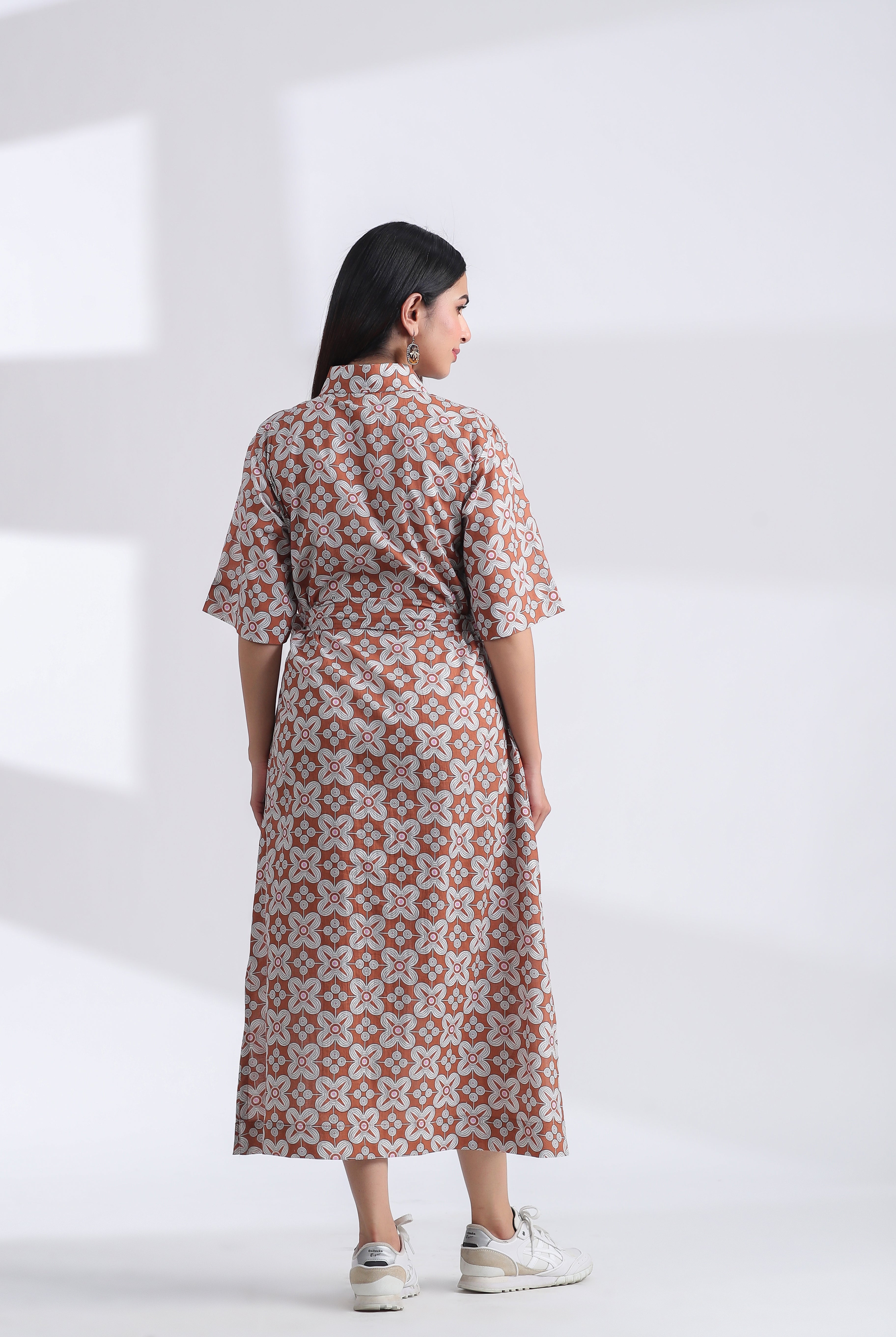 Geometric Block Print on Brown Ivory Cotton Belted Shirt Dress | Jaipurrang | Hand Block Print Ethnic Wear