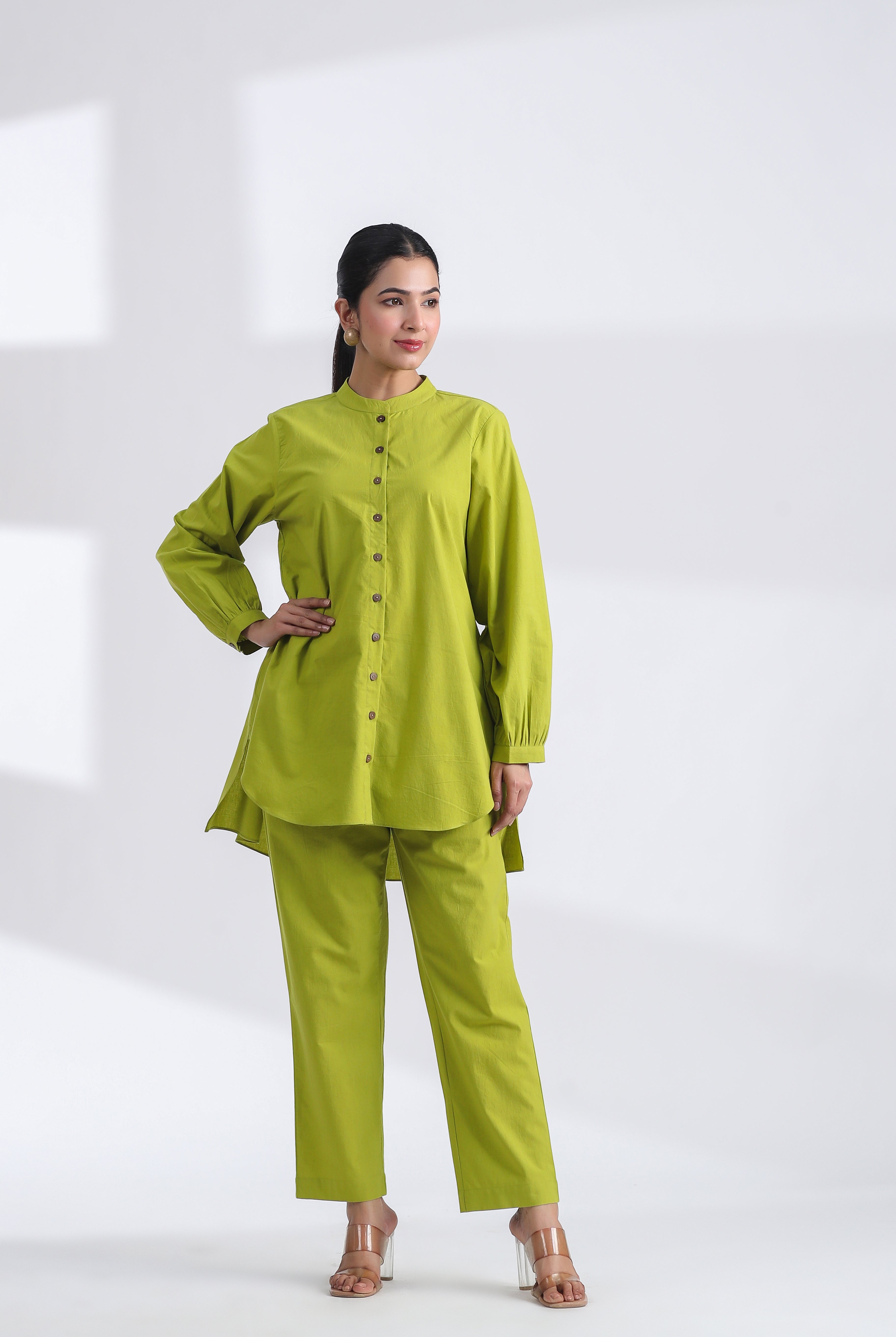 Solid on Lime Green Cotton Shirt Co-ord Set | Jaipurrang | Women's Ethnic Wear