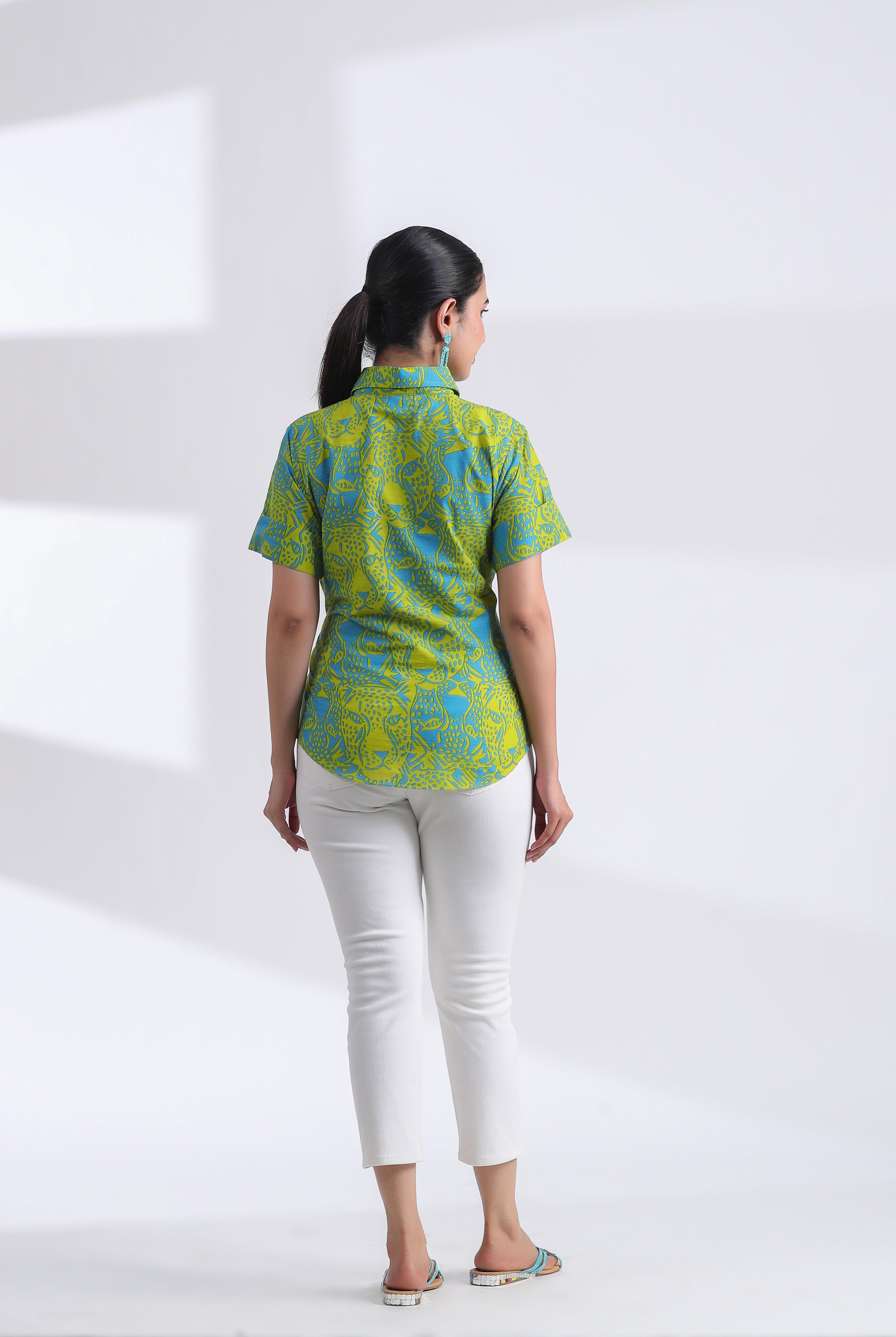 Tiger Print on Blue Lime Cotton Half Sleeve Shirt | Jaipurrang | Hand Block Print Ethnic Wear